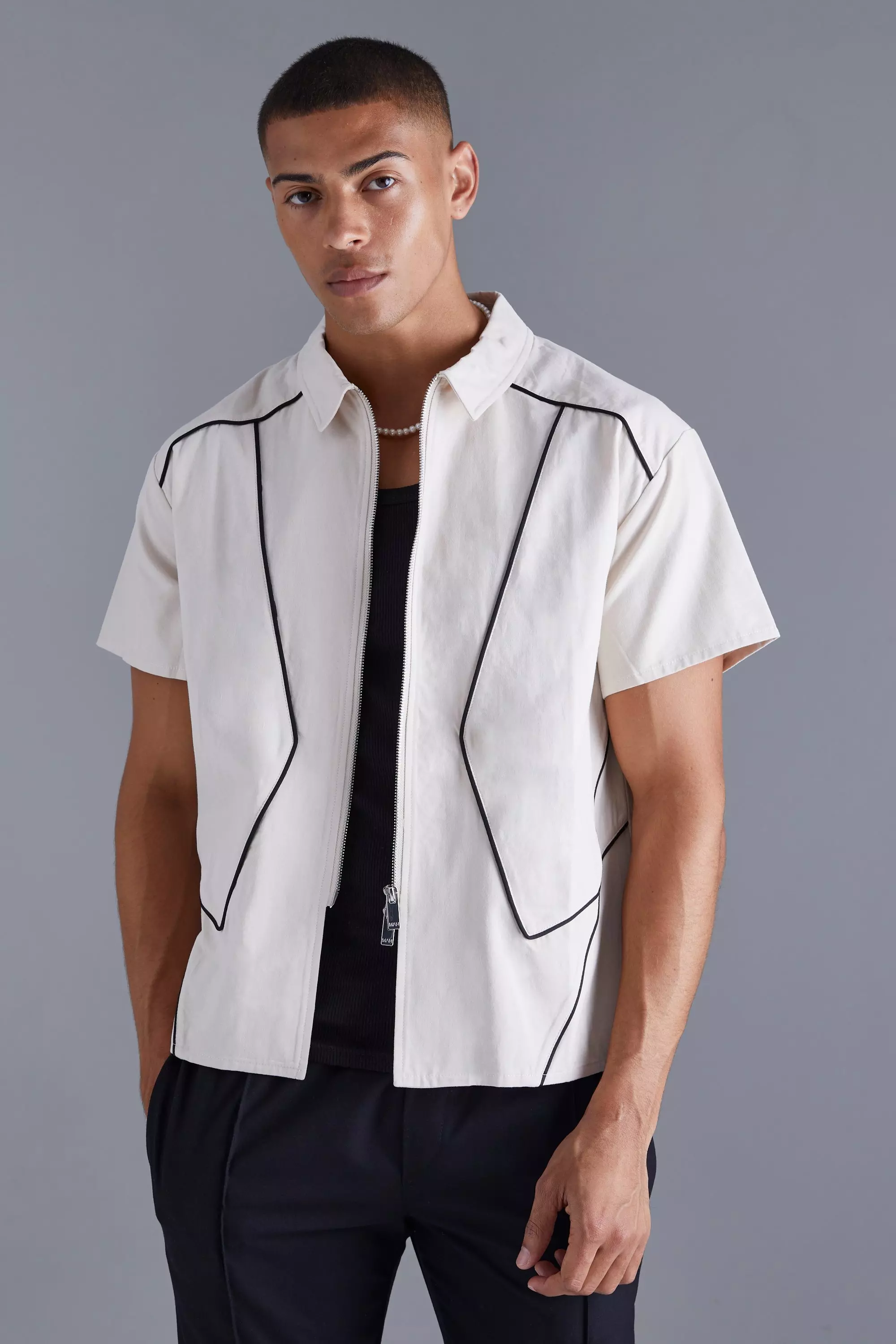 Short Sleeve Boxy Piped Zip Shirt