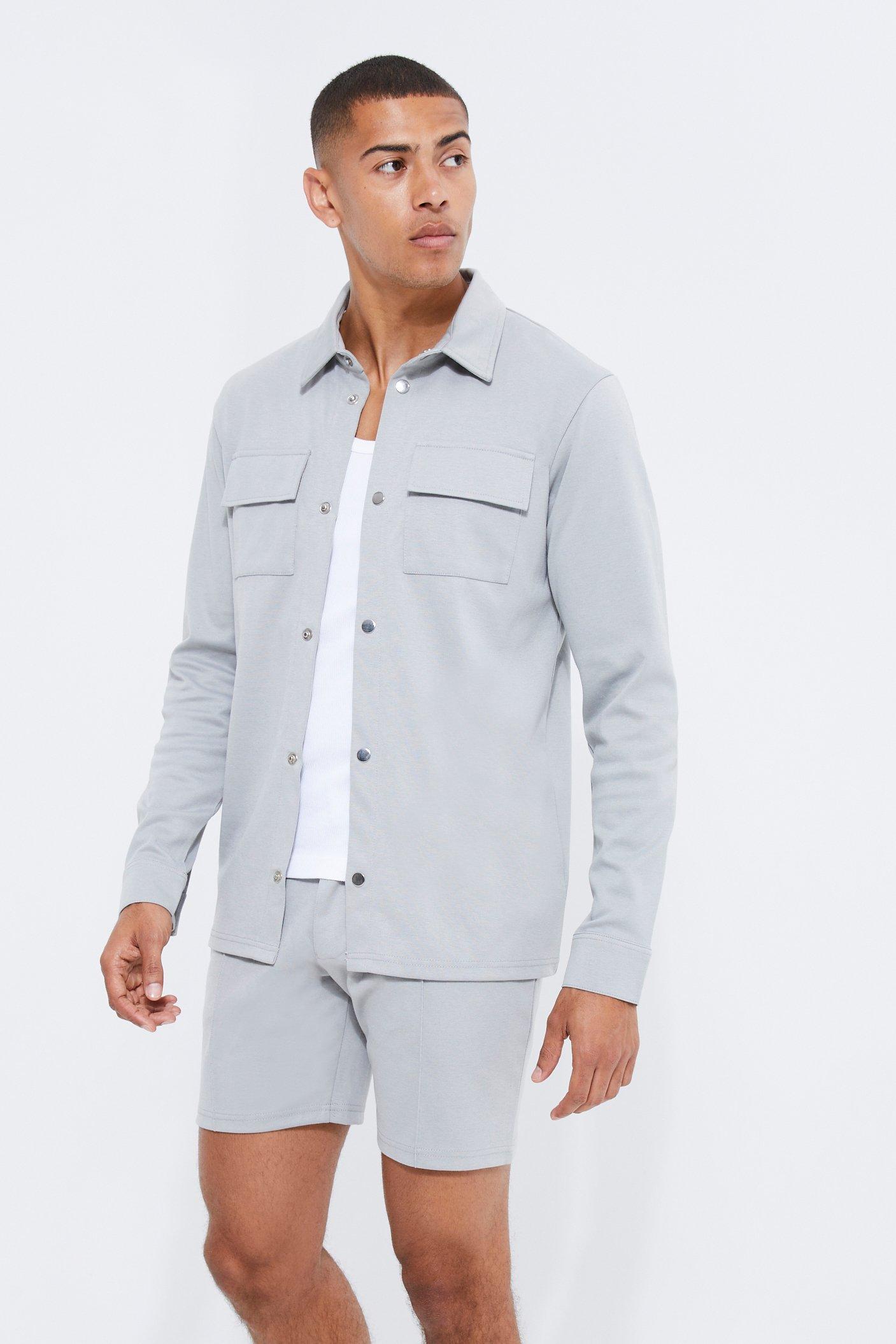 Mens Grey Jersey Shirt & Fixed Waistband Short Set, Grey