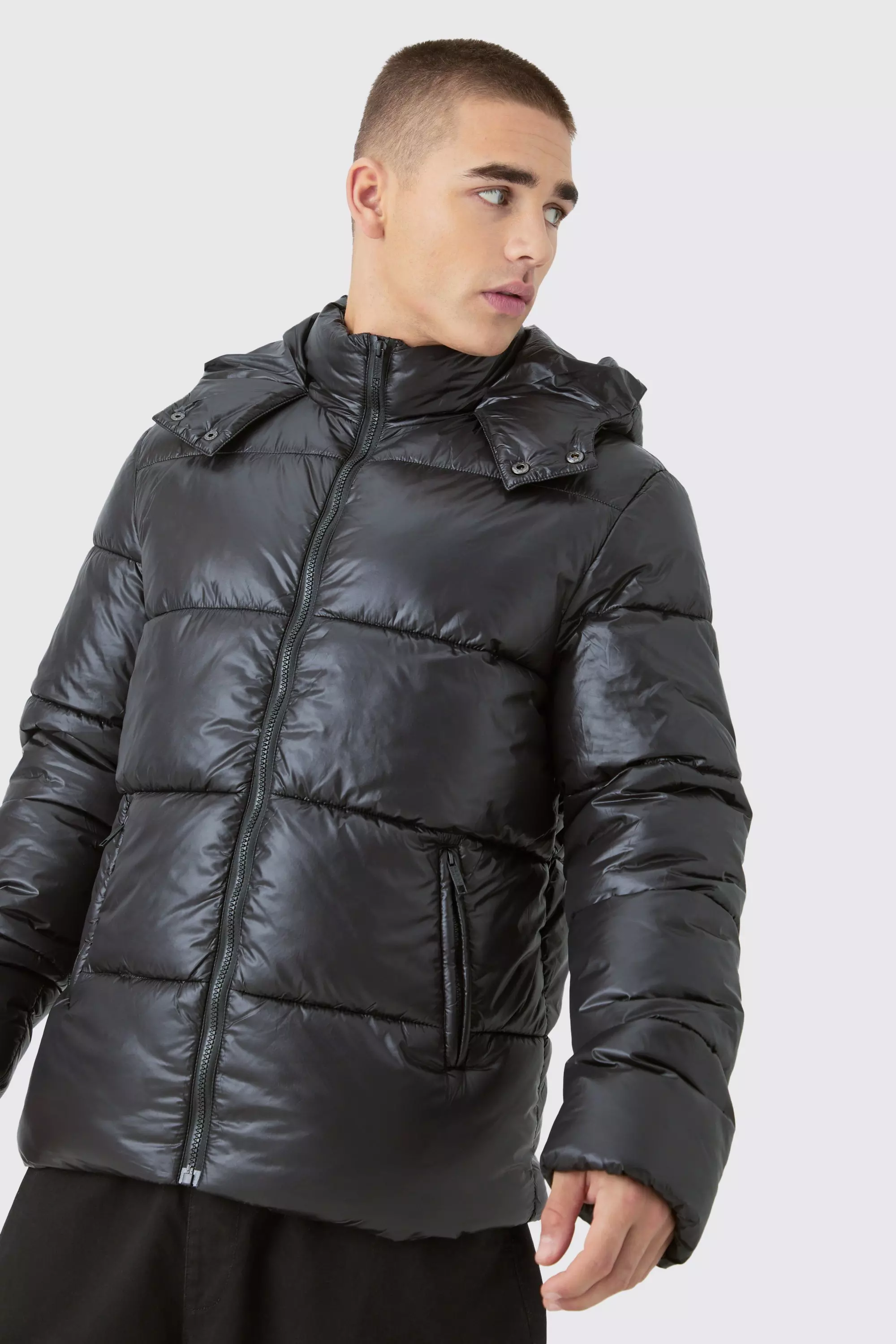 Black shine cheap puffer jacket mens