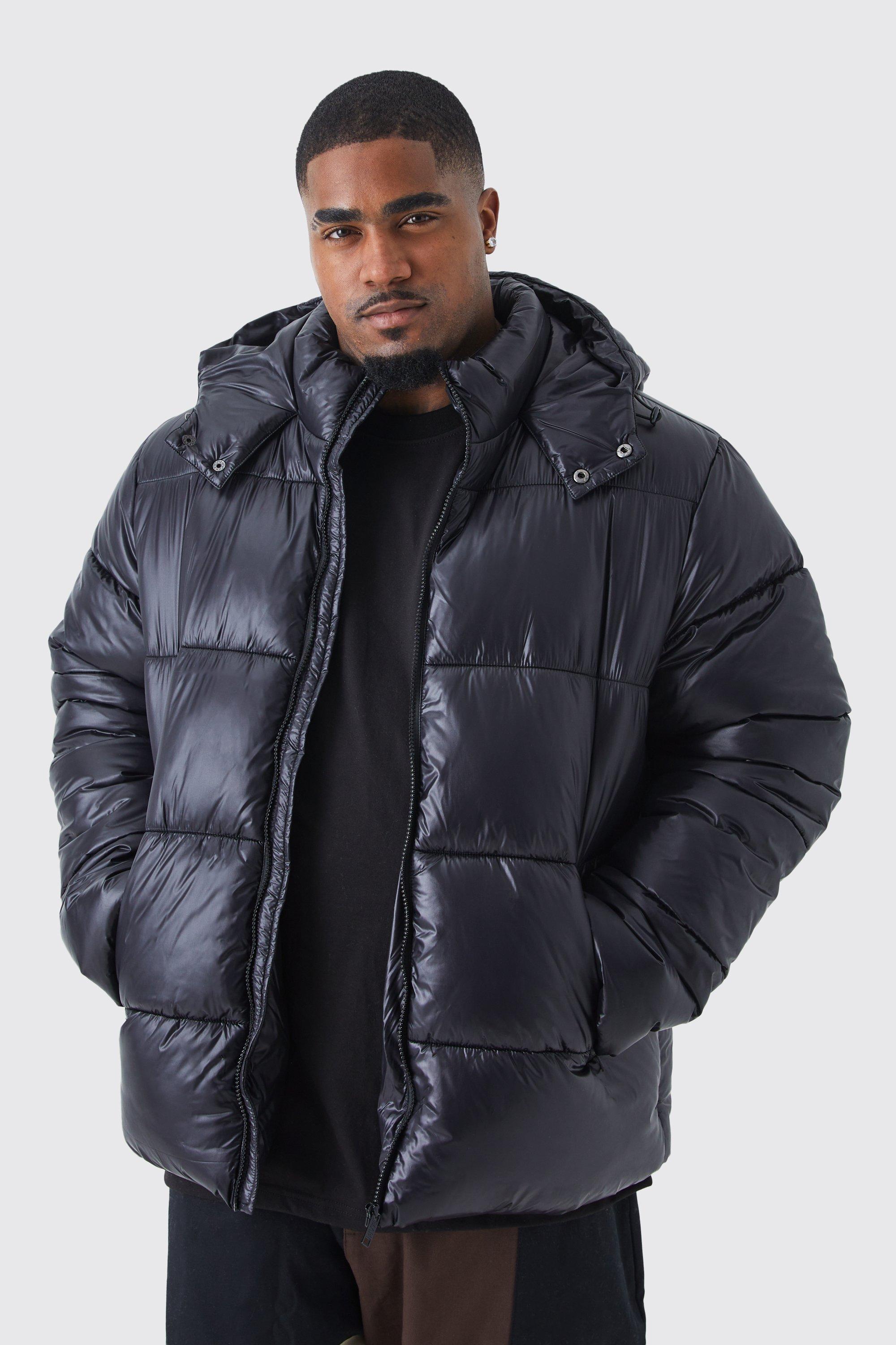 mens plus hooded high shine puffer jacket in black, black