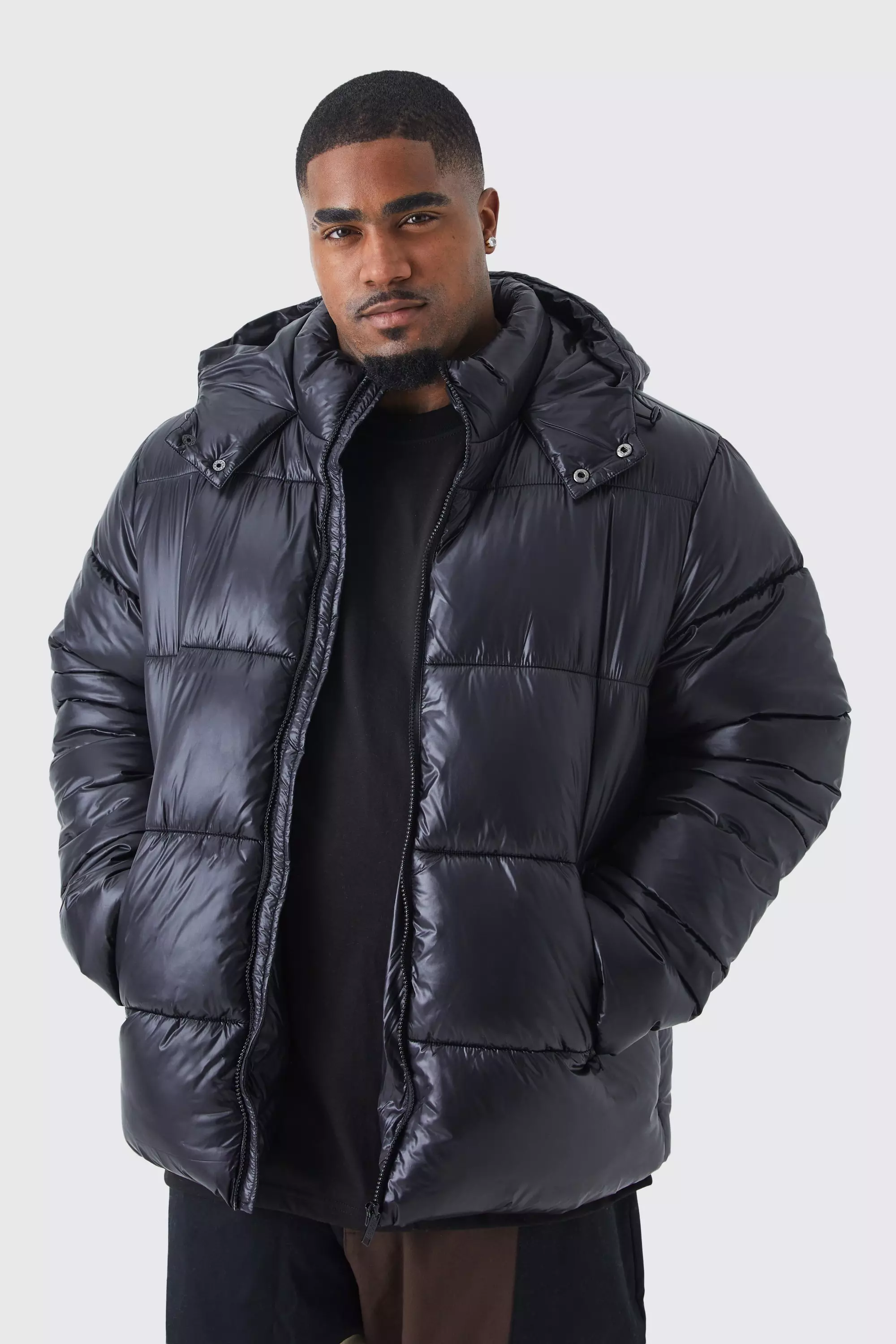 Black high shine puffer hot sale coat