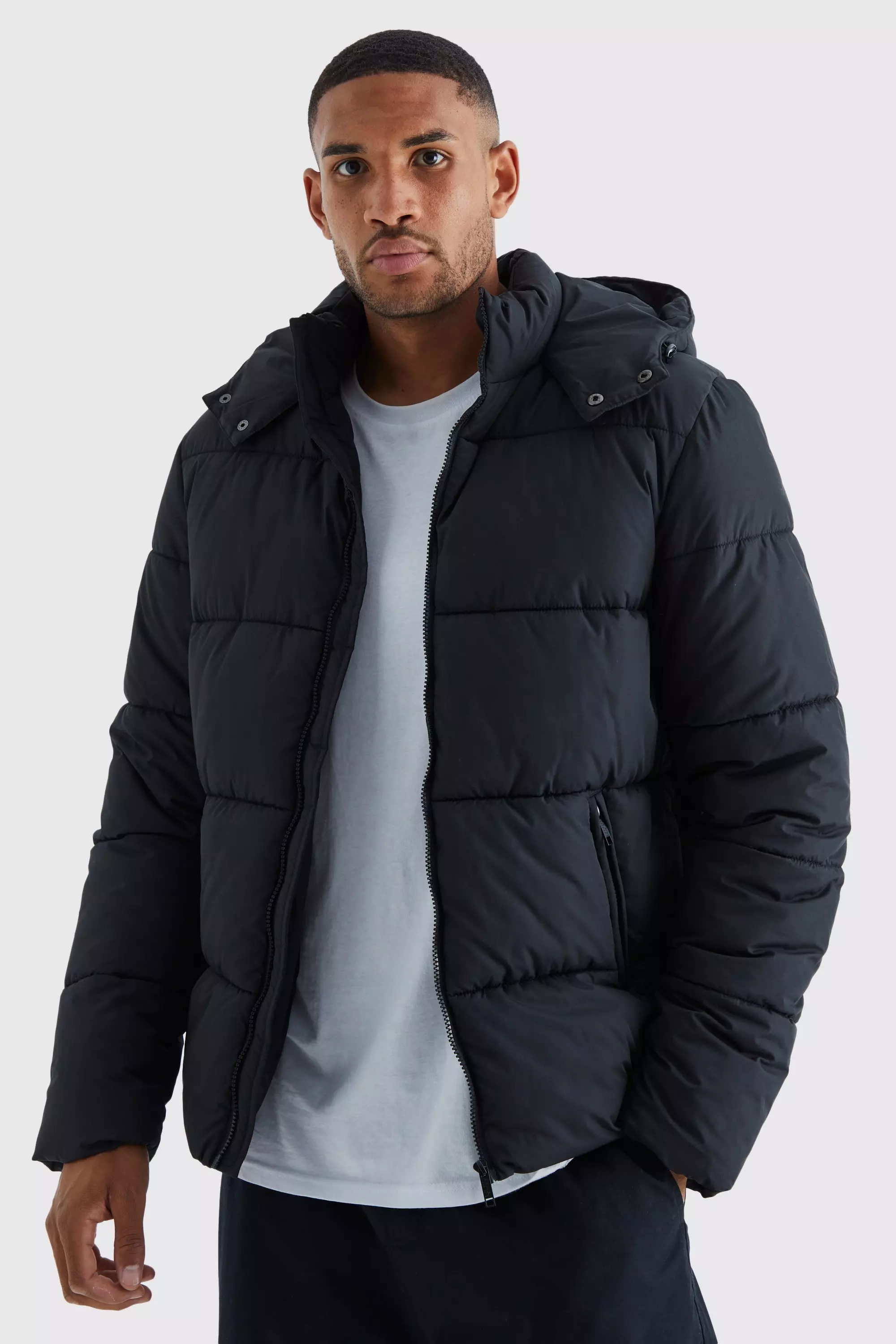 Tall Hooded Matte Puffer Jacket in Black
