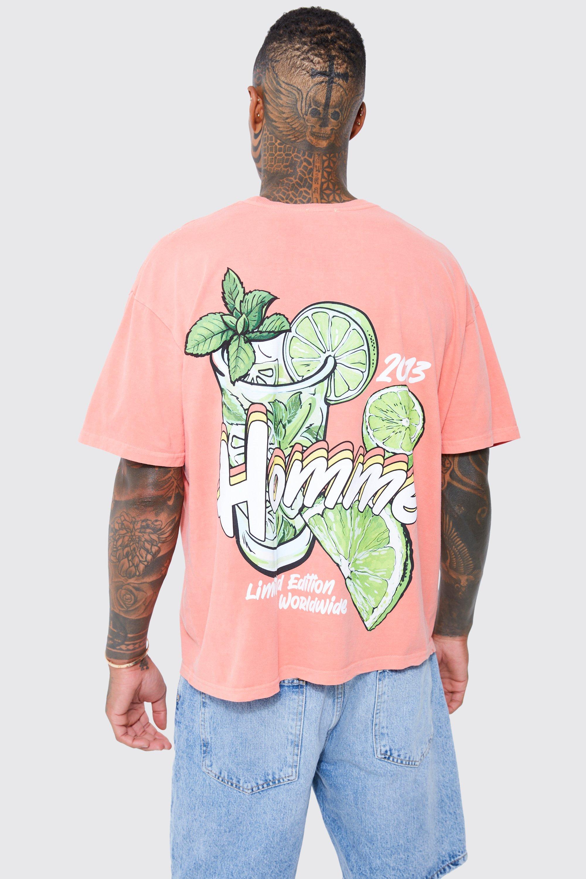 Mens Orange Oversized Overdyed Lime Slice Graphic T-shirt, Orange