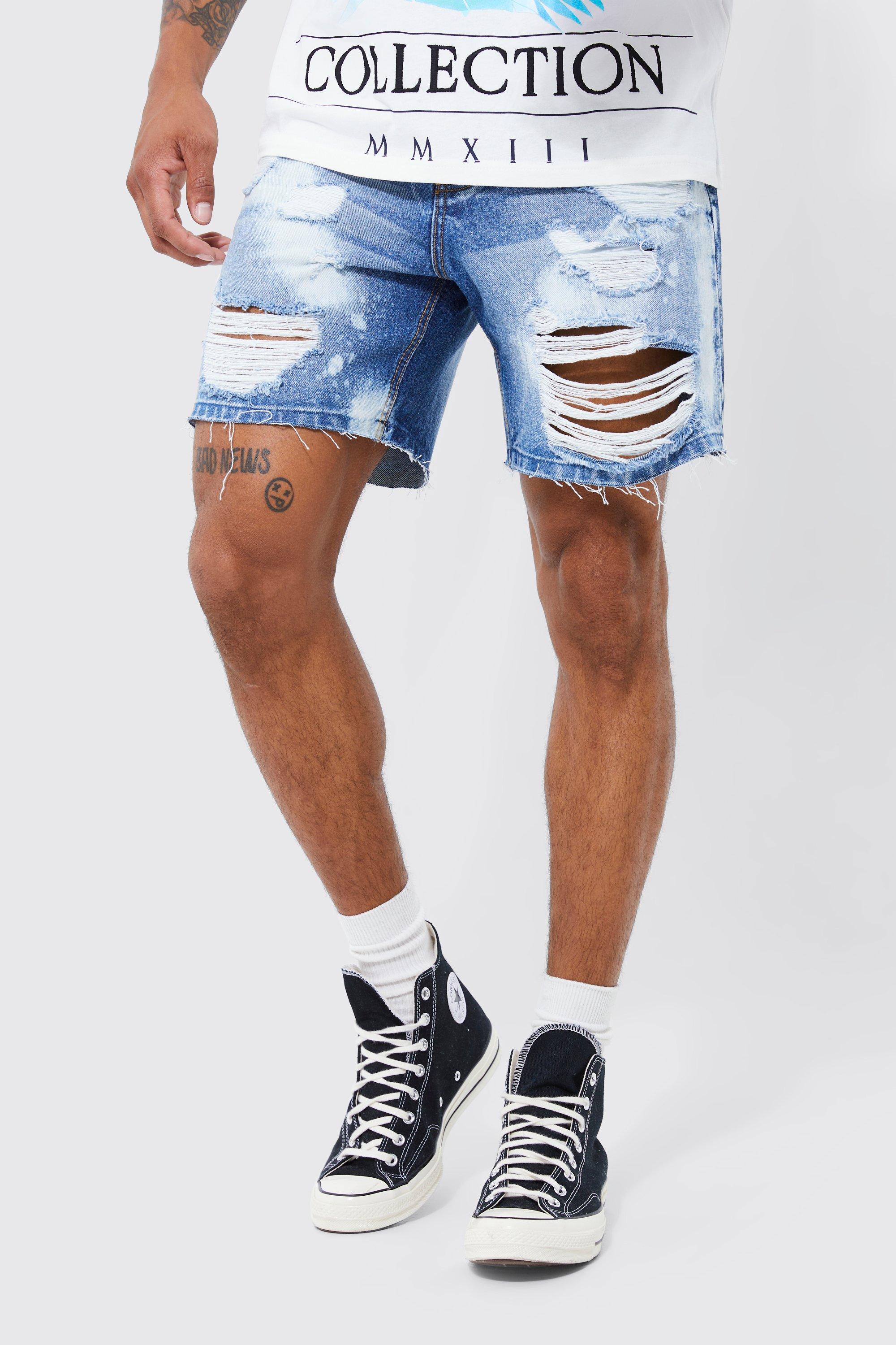 Mens Blue Relaxed Fit Extreme Rip Bleached Denim Shorts, Blue