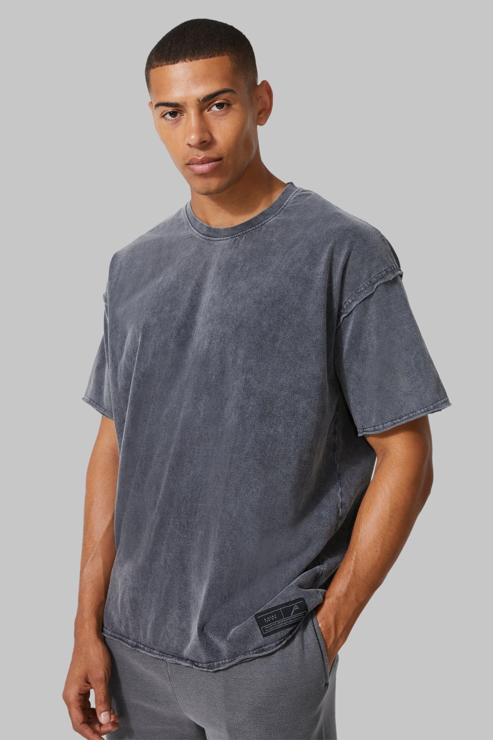 Mens Grey Man Active Oversized Acid Wash Raw T-shirt, Grey