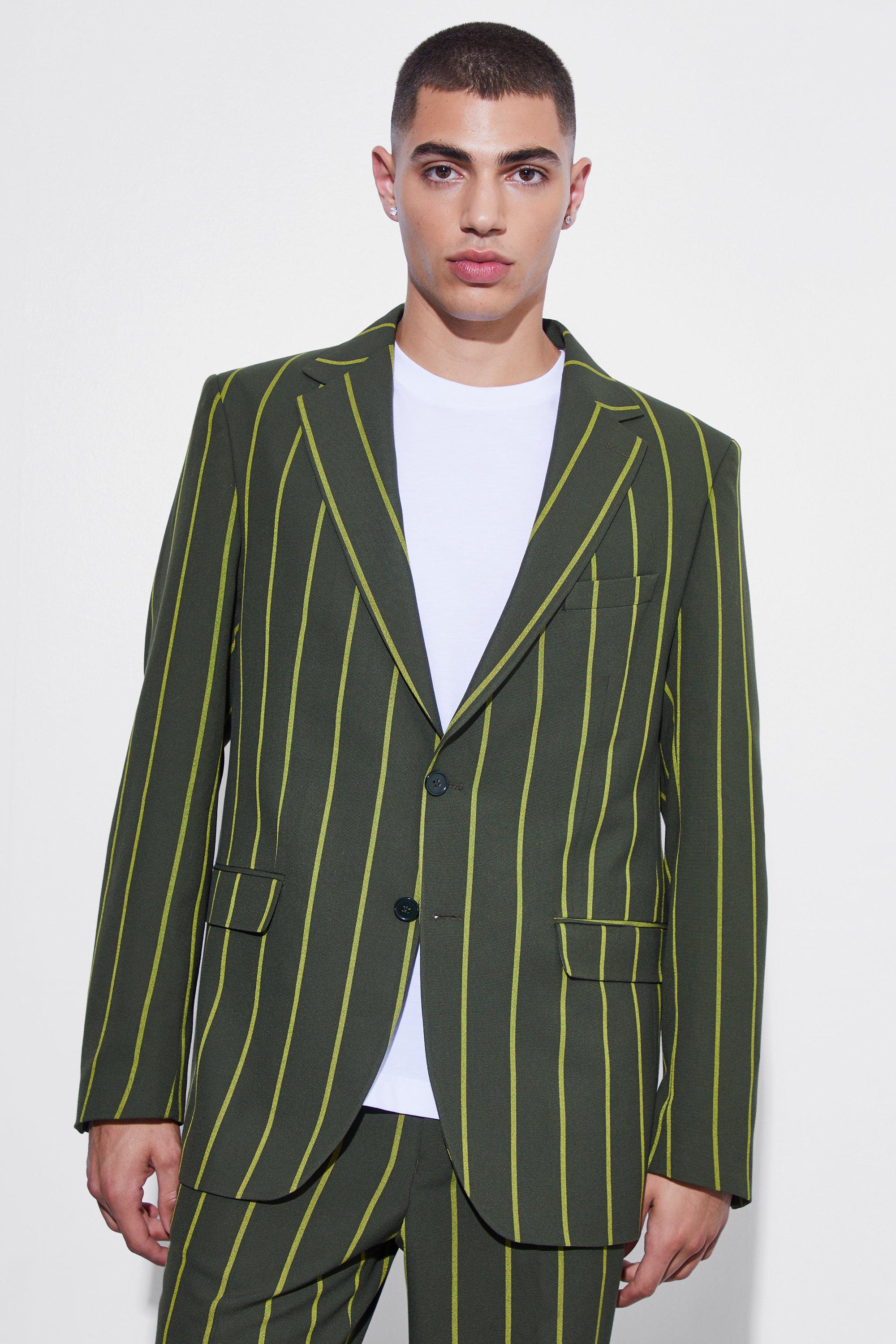 Mens Green Relaxed Single Breasted Wide Stripe Suit Jacket, Green