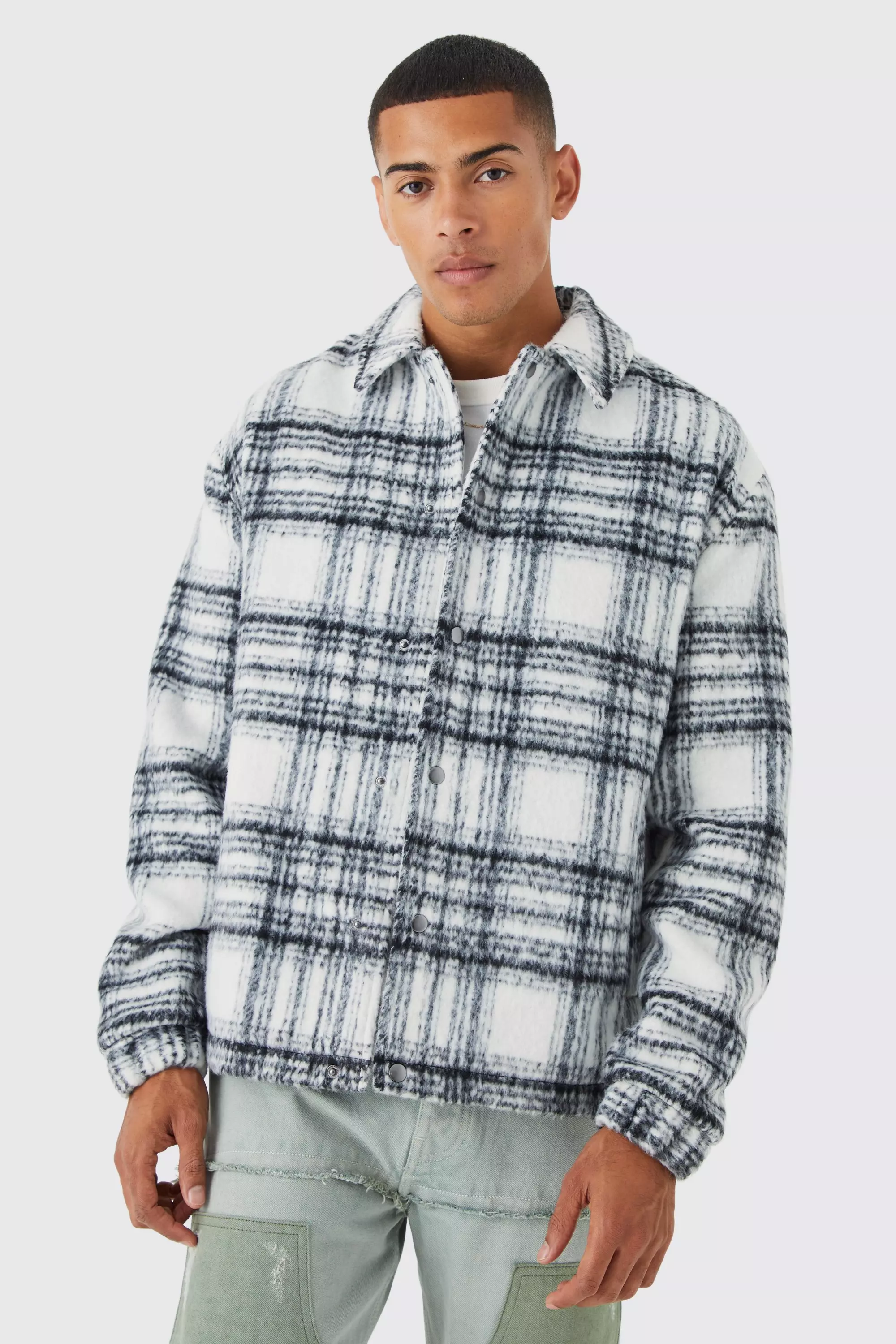 Oversized Wool Look Check Harrington | boohooMAN USA