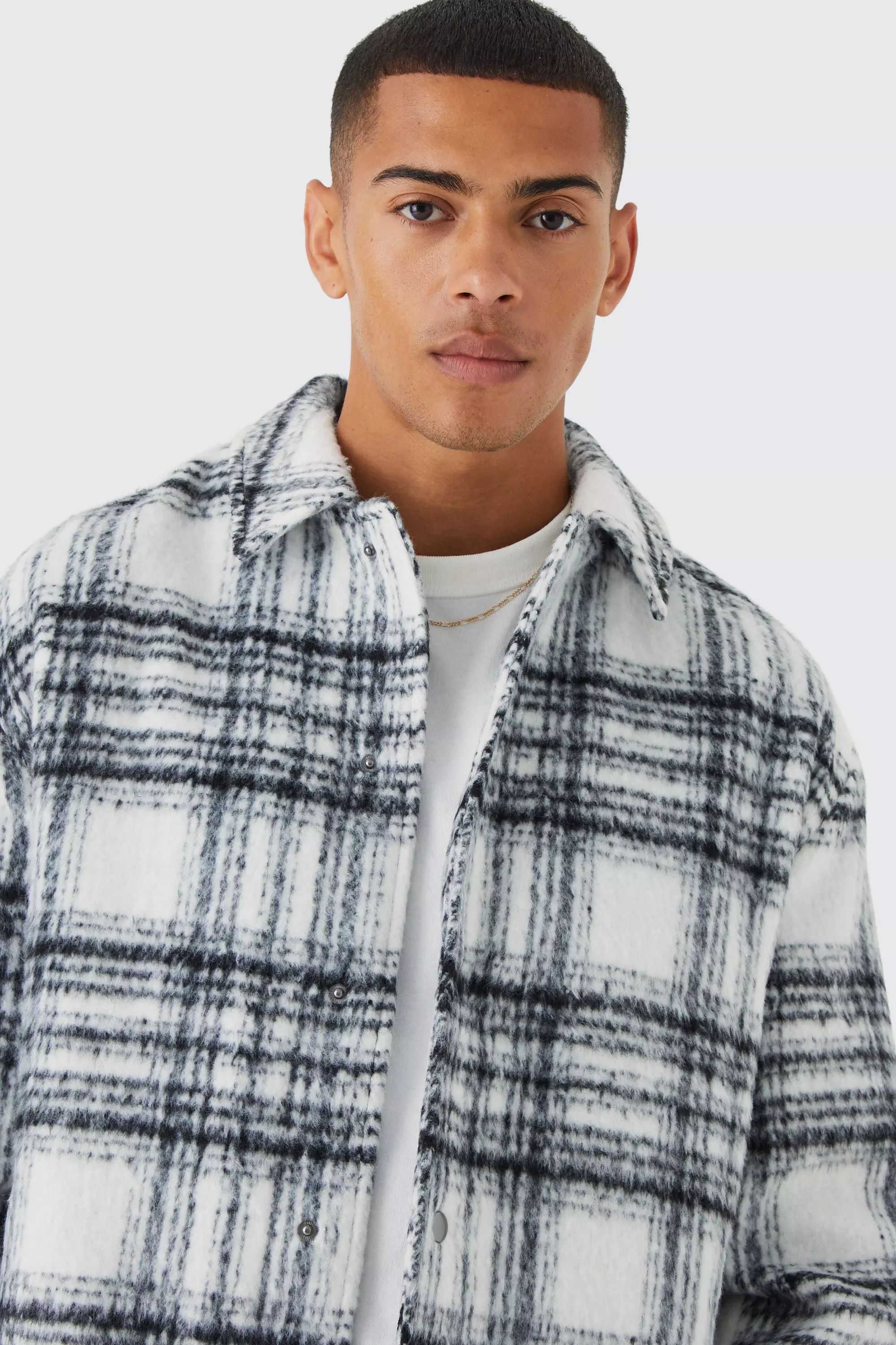 Oversized Wool Look Check Harrington | boohooMAN USA