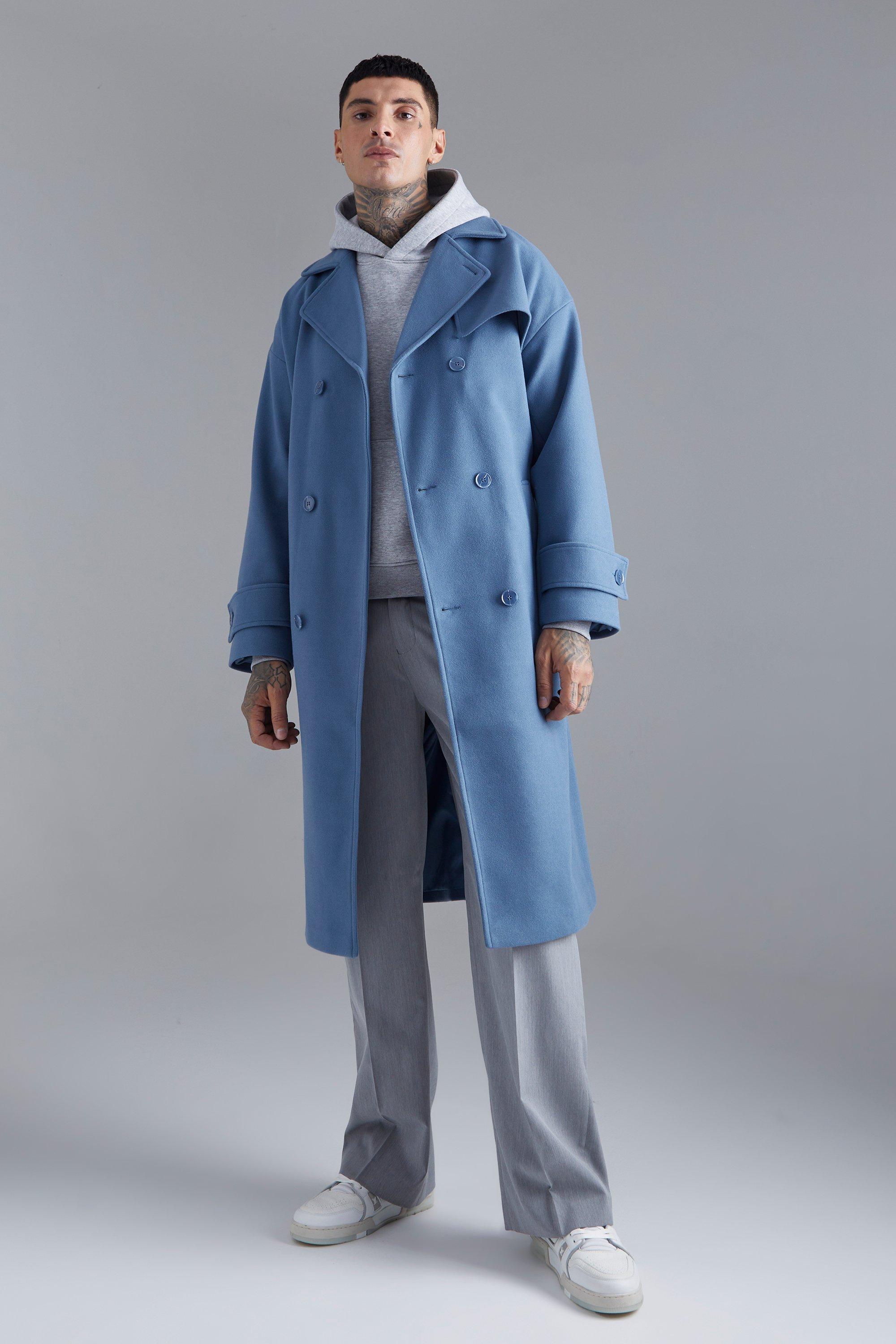 Mens Blue Double Breasted Storm Flap Trench Overcoat, Blue