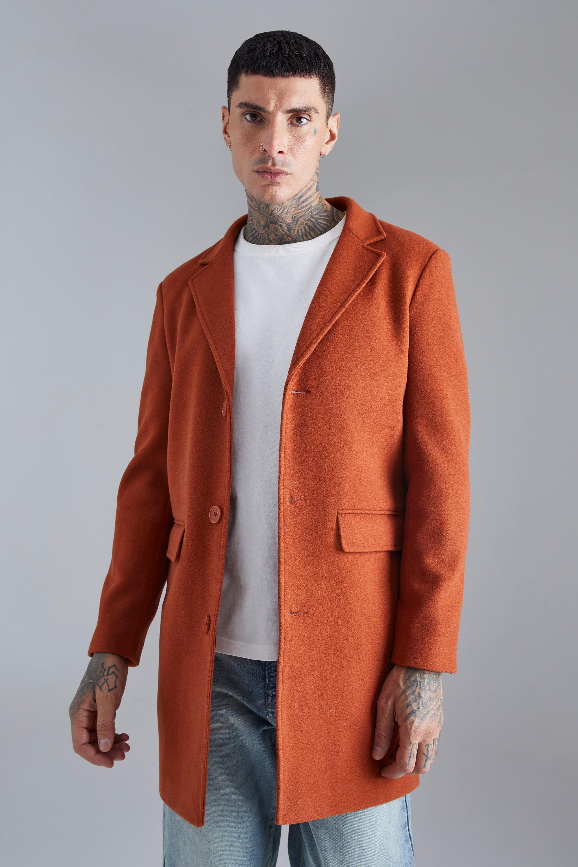Mens Orange Single Breasted Wool Mix Overcoat, Orange