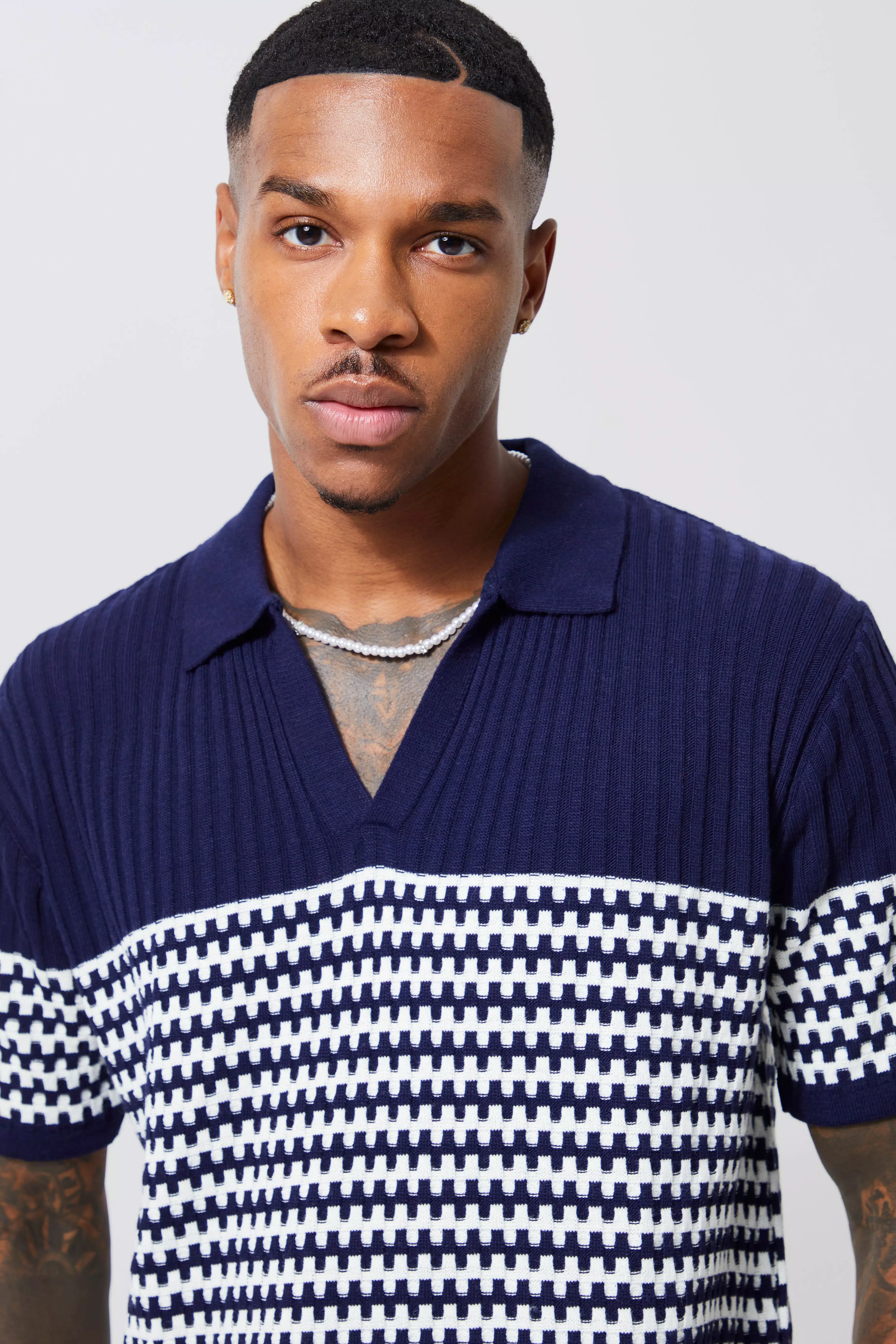 V Neck Striped Knitted Polo