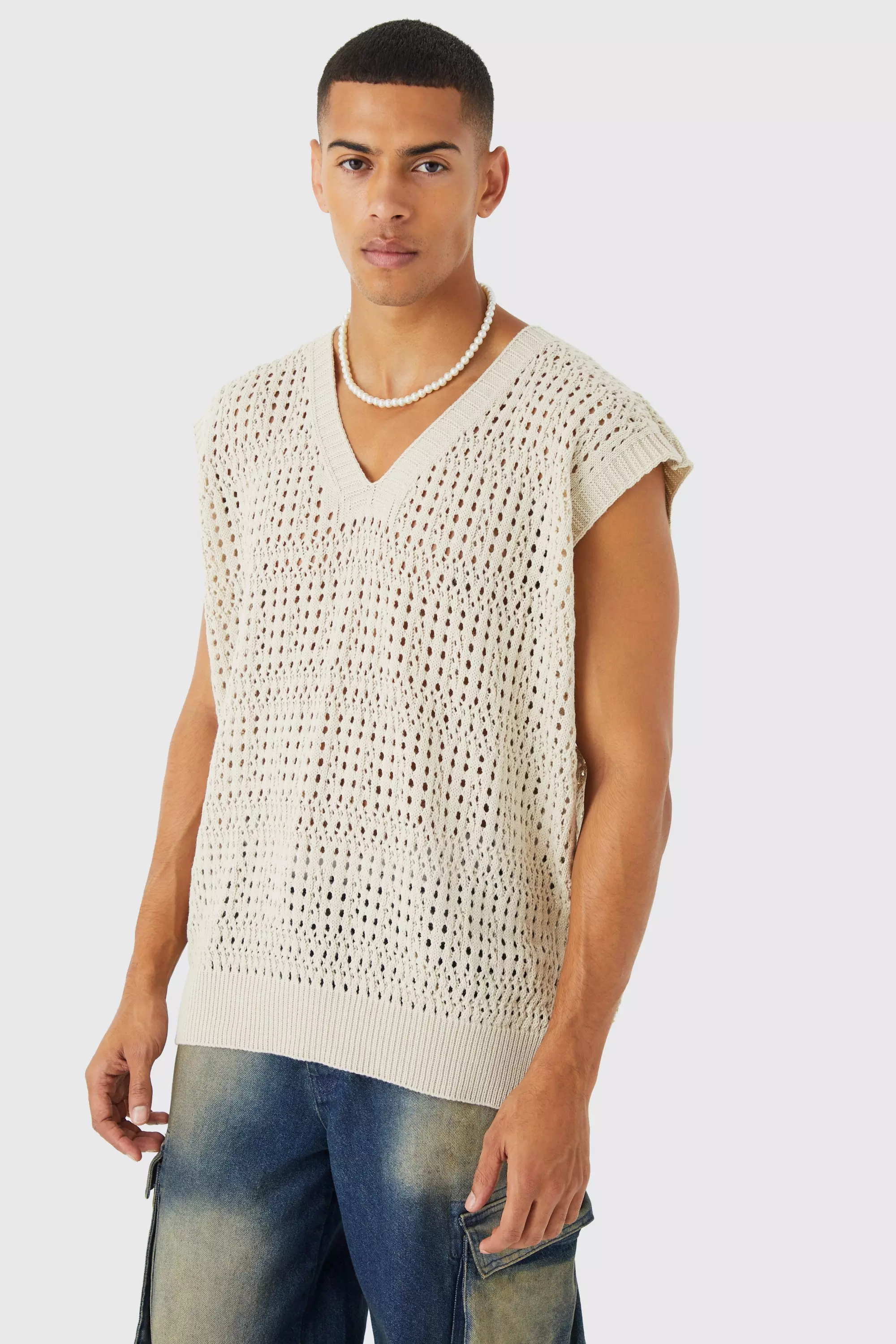 Oversized Crochet Sweater Vest | boohooMAN USA