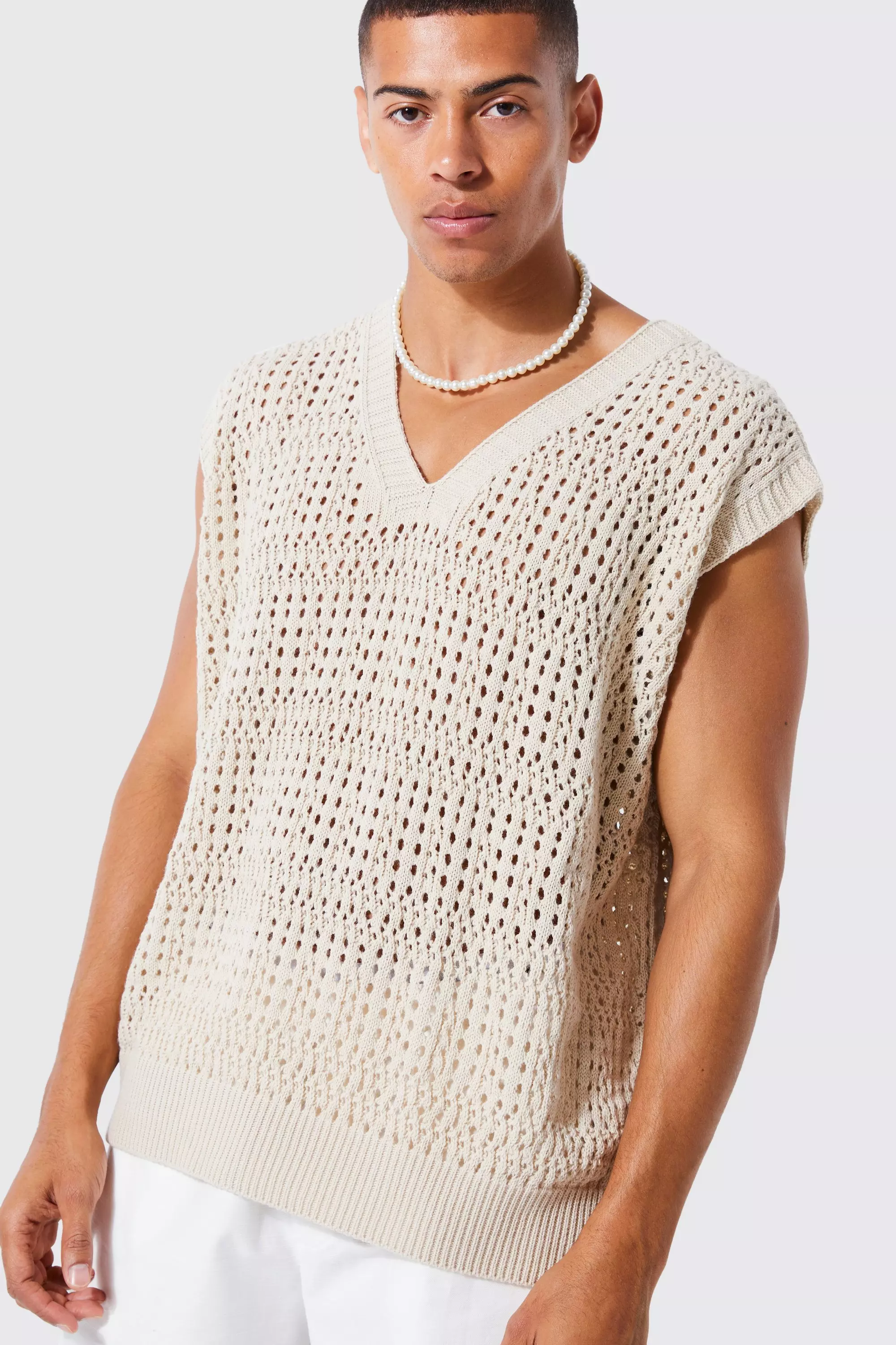 Oversized Crochet Sweater Vest | boohooMAN USA