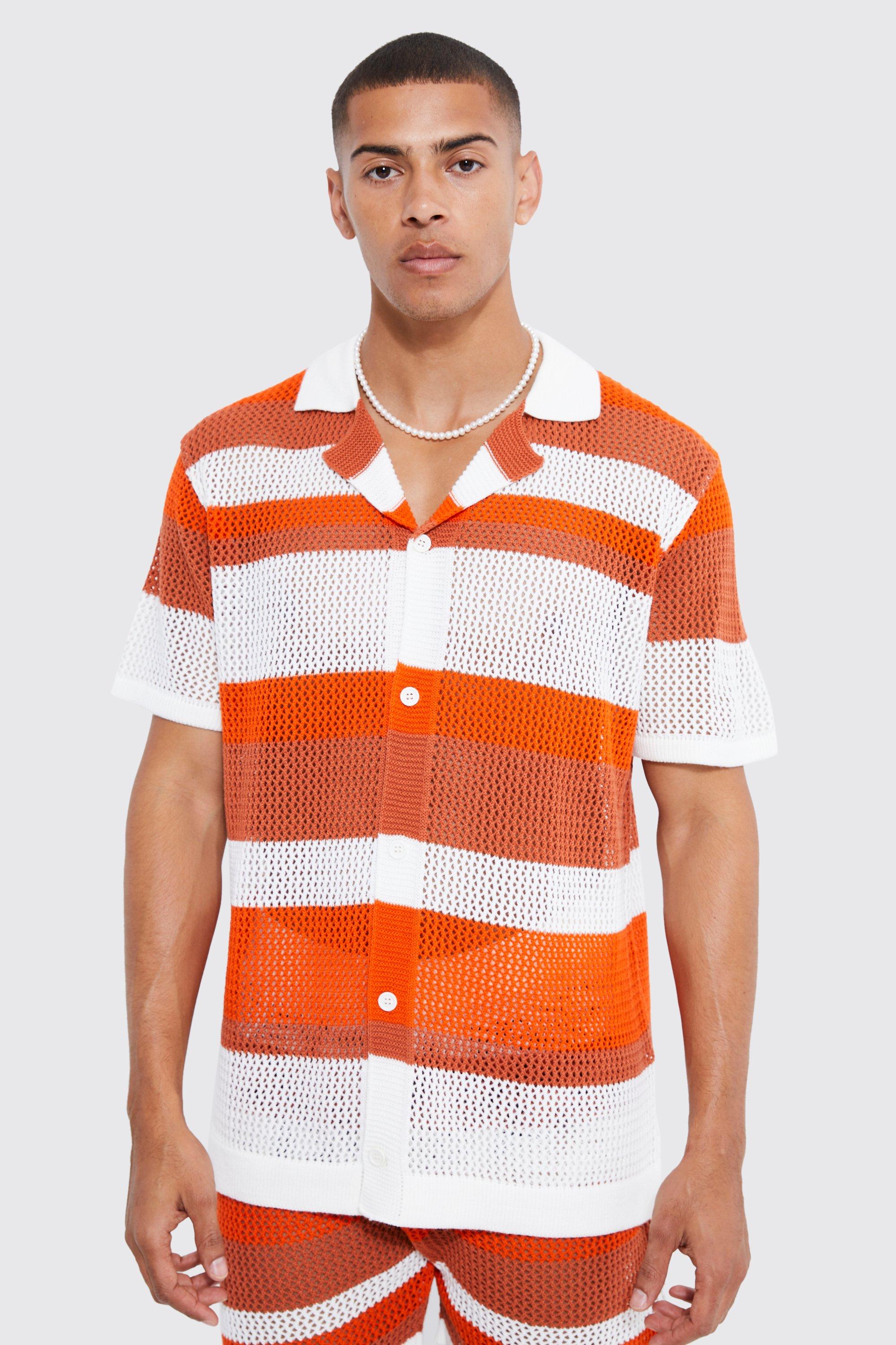 Mens Orange Oversized Striped Crochet Shirt, Orange
