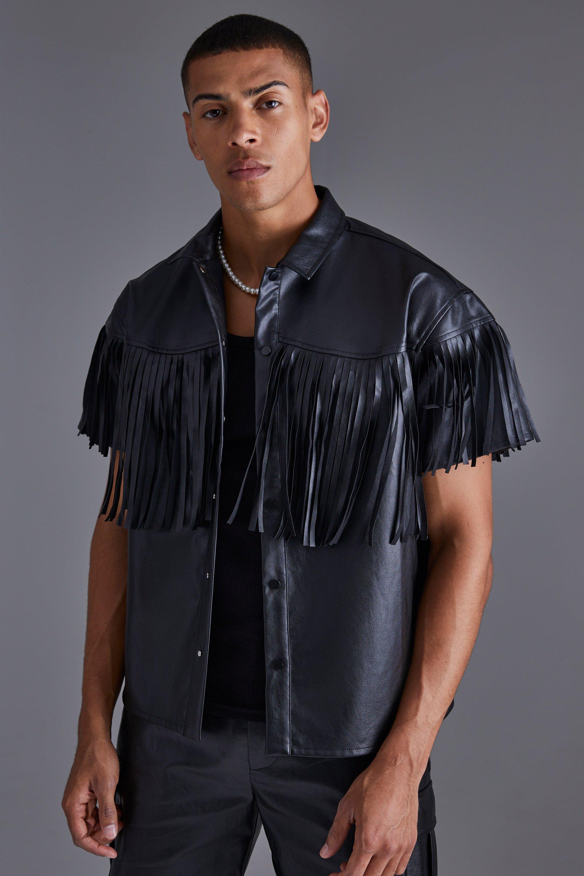 Mens Black Pu Fringe Boxy Shirt, Black