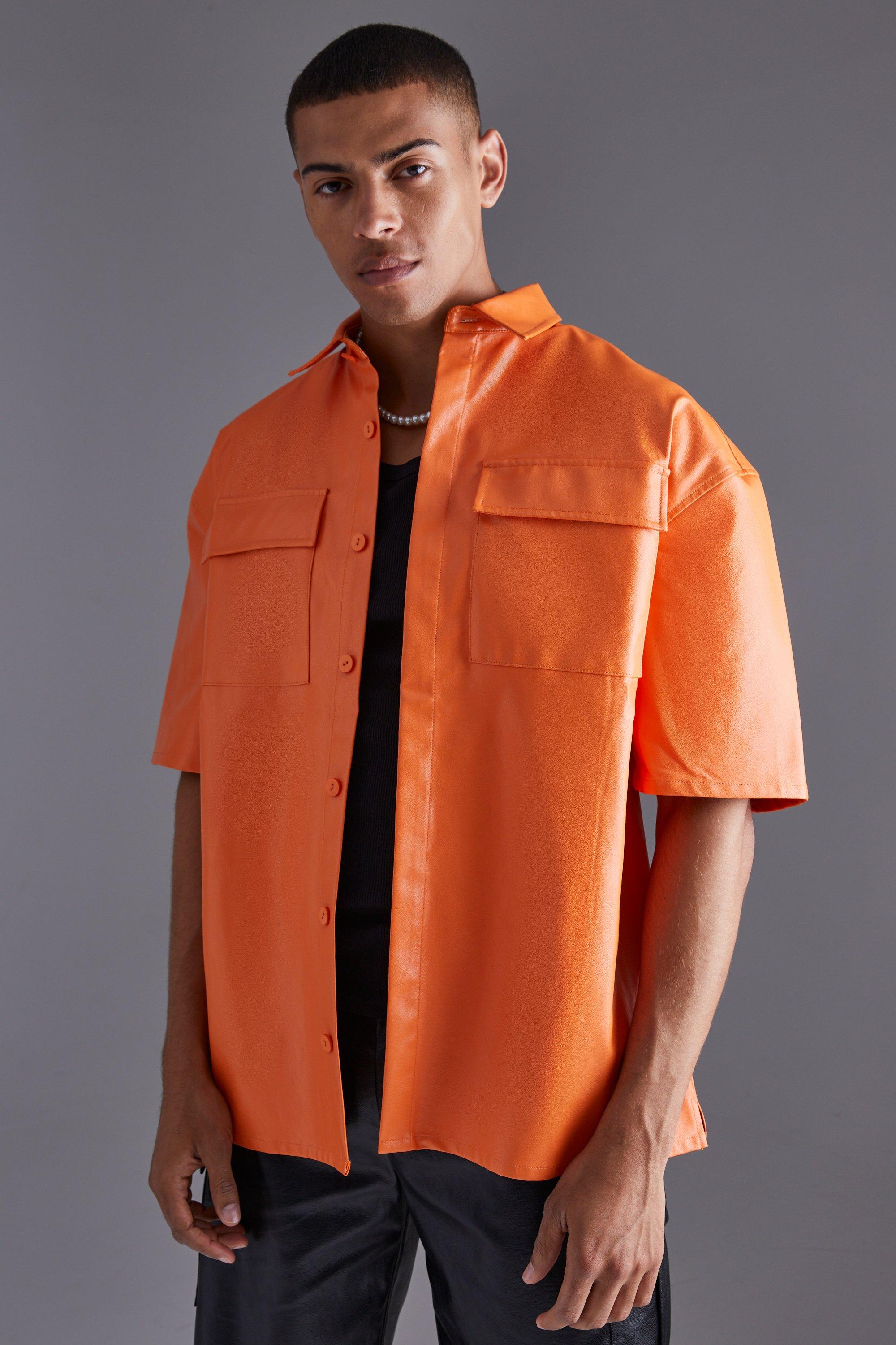 Mens Orange PU Oversized Shirt, Orange