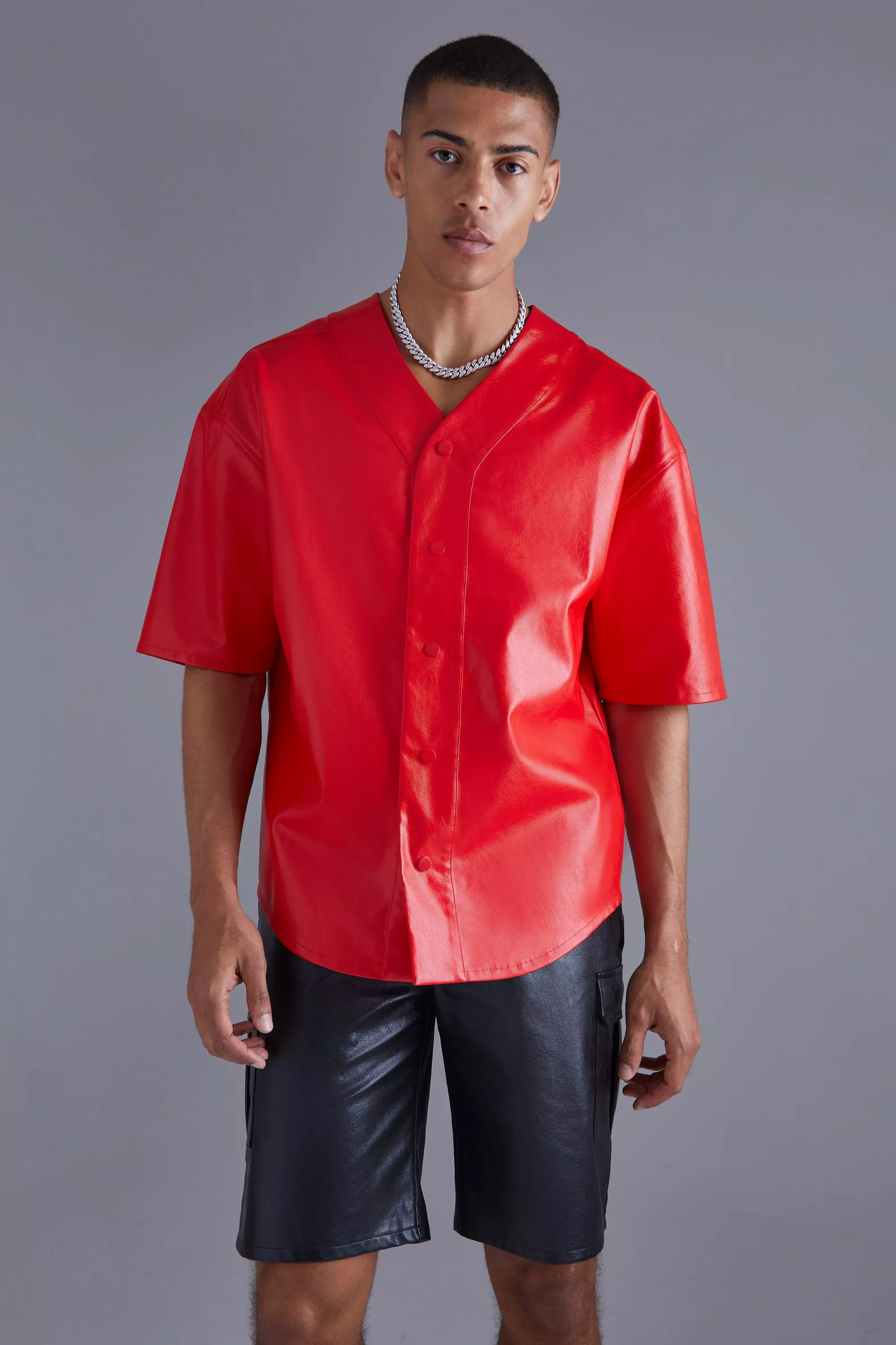 Mens Red Leather Baseball Jersey