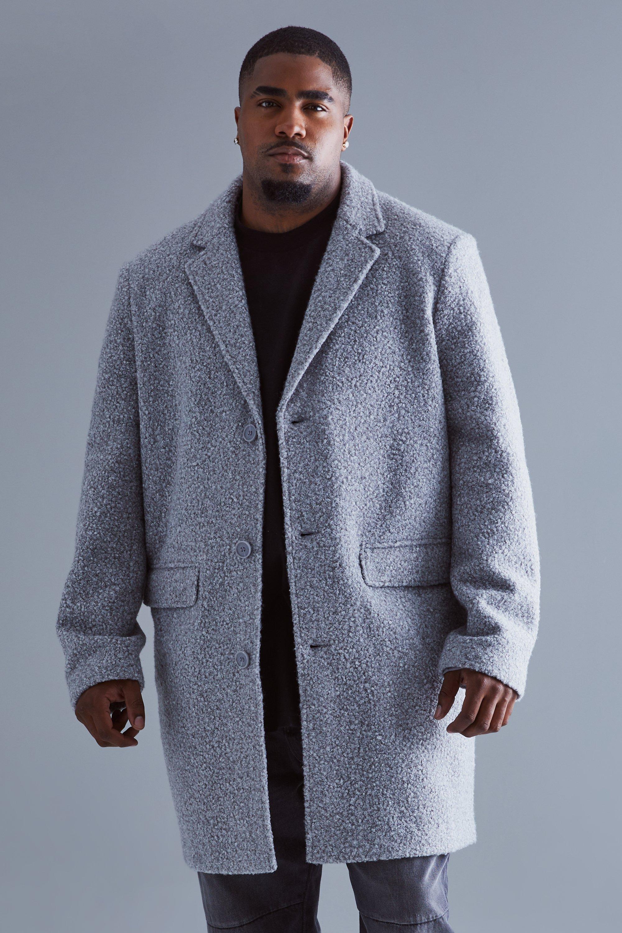 Mens Grey Plus Single Breasted Boucle Overcoat, Grey