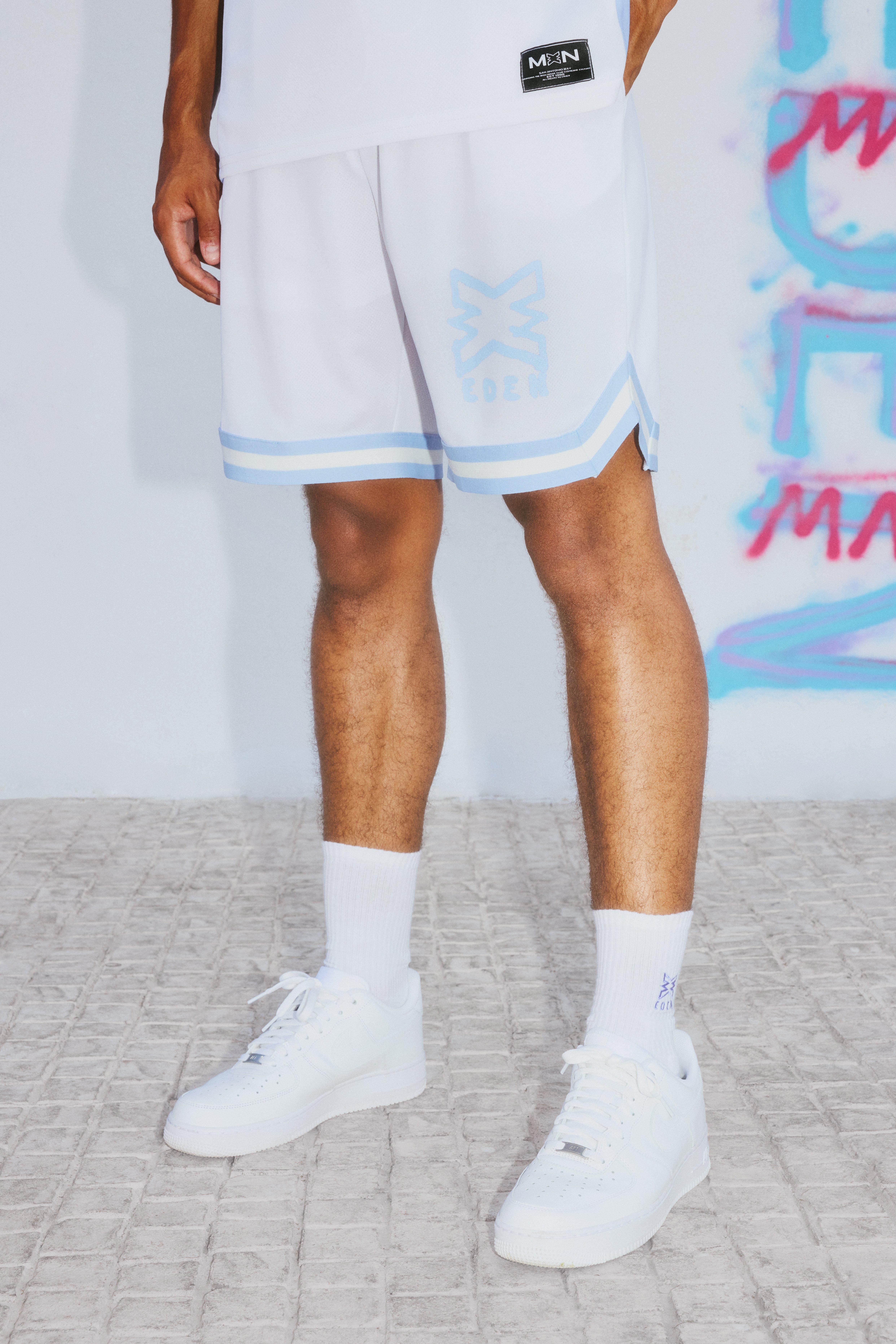 Mens White boohooMAN x EDEN Ibiza Toggle Detail Basketball Short, White