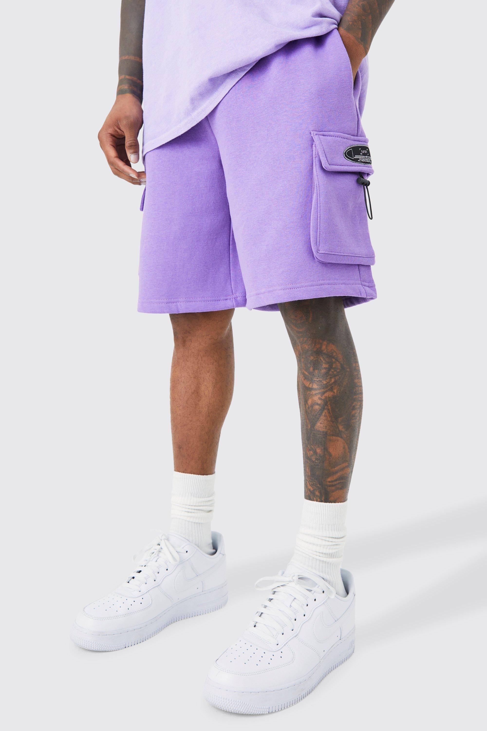 Mens Purple Oversized Mid Length Bungee Cargo Short, Purple