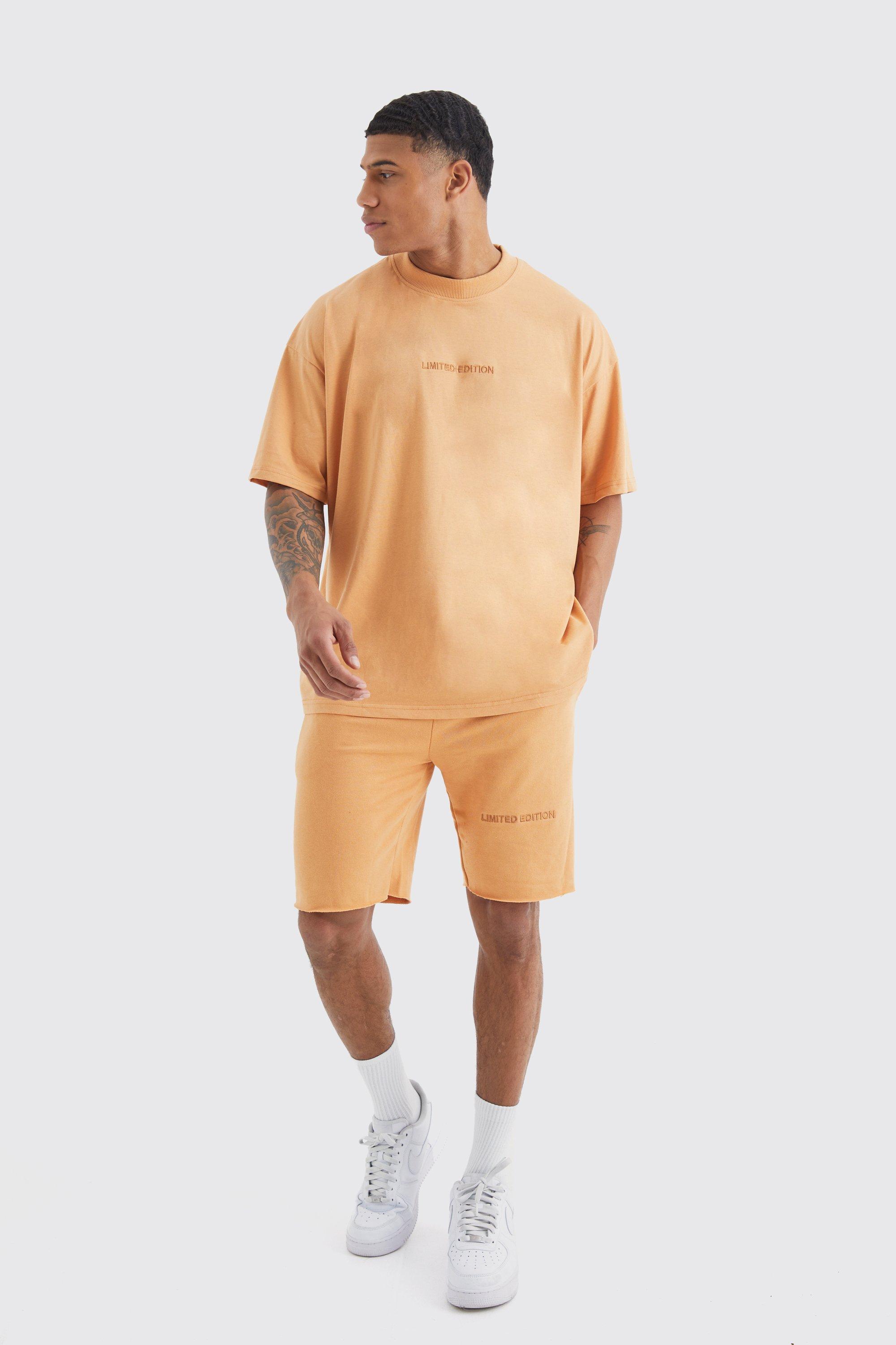 Mens Orange Oversized Limited Raw Hem T-shirt & Short Set, Orange