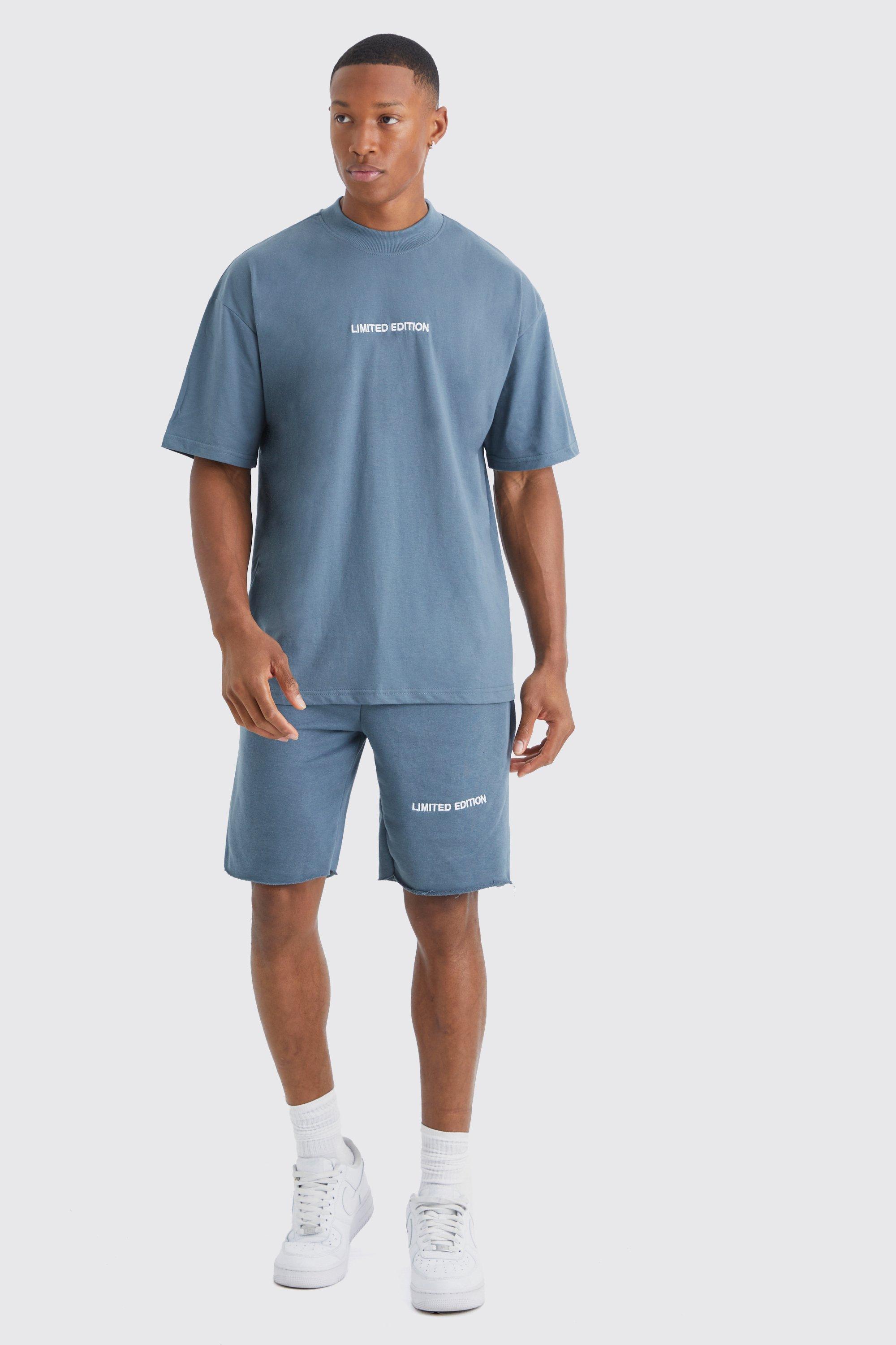 Image of Set T-shirt oversize Limited con fondo grezzo & pantaloncini, Azzurro