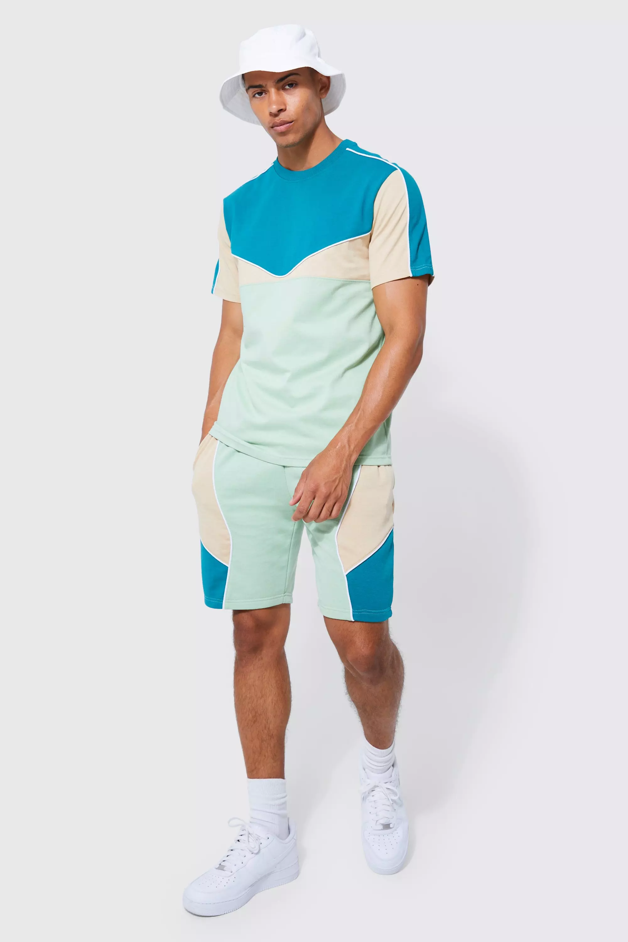 Colour Block And Piping T shirt Short Set boohooMAN USA