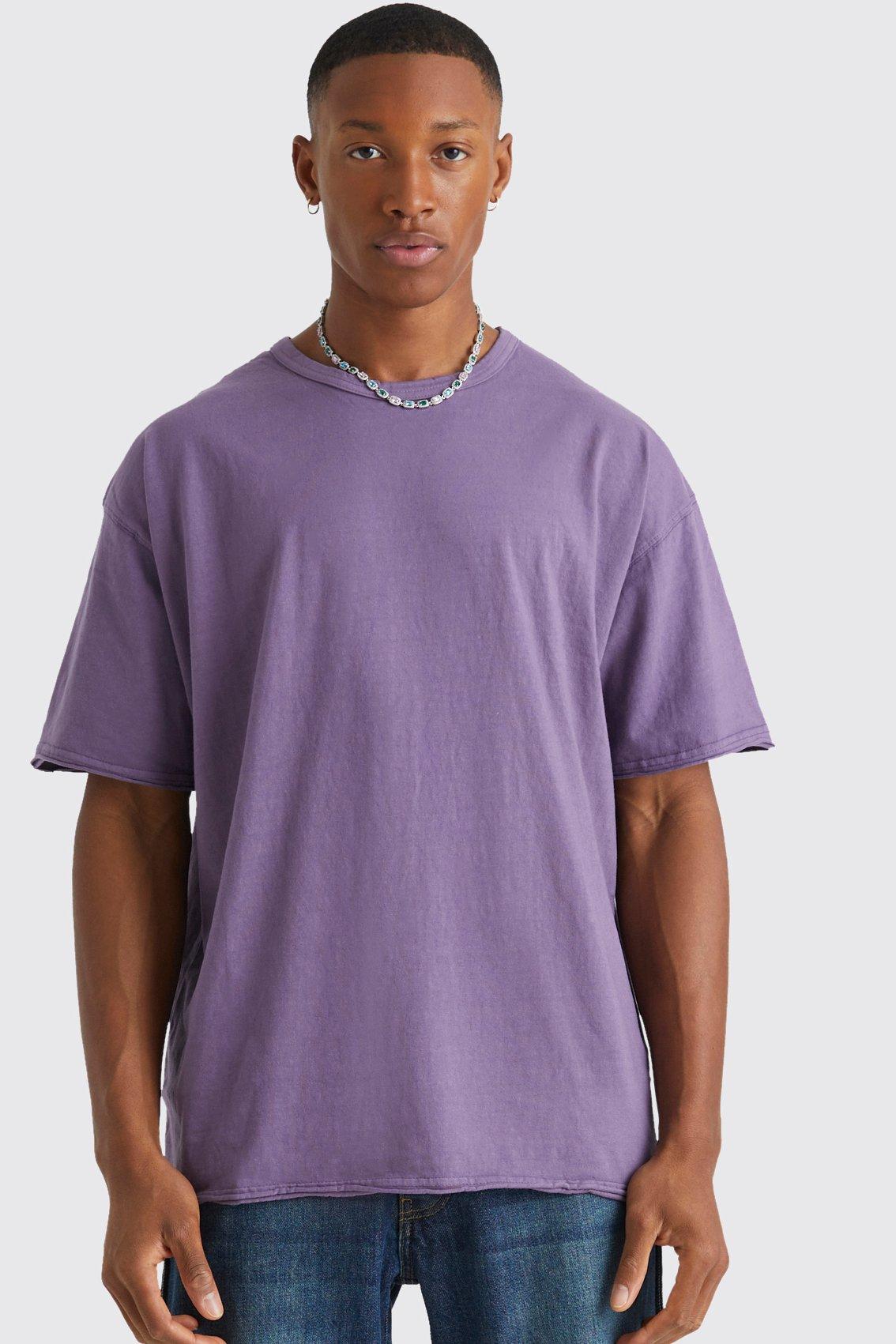Mens Purple Oversized Heavyweight Washed Raw Hem T-shirt, Purple