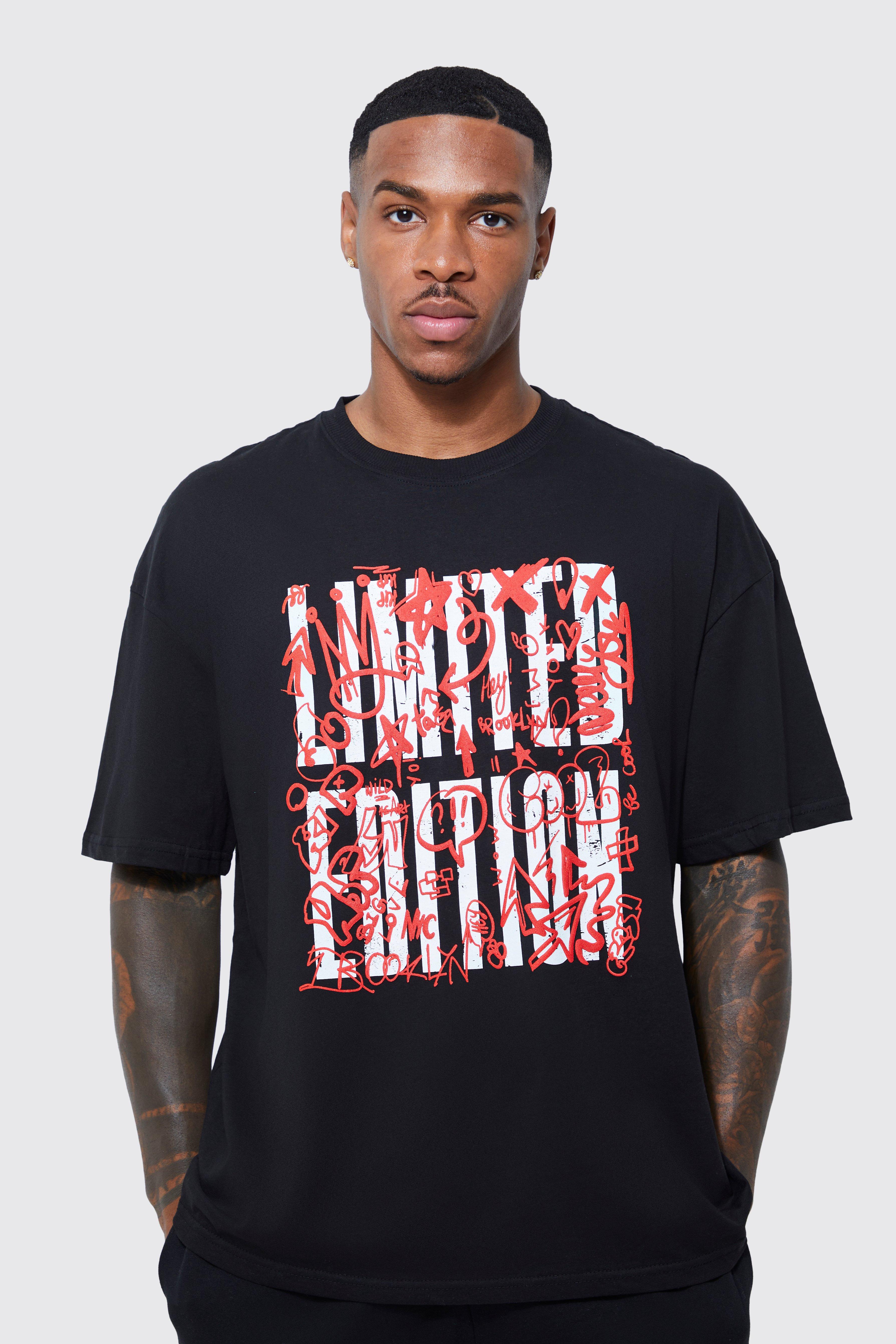 Mens Black Oversized Graffiti Puff Print T-shirt, Black