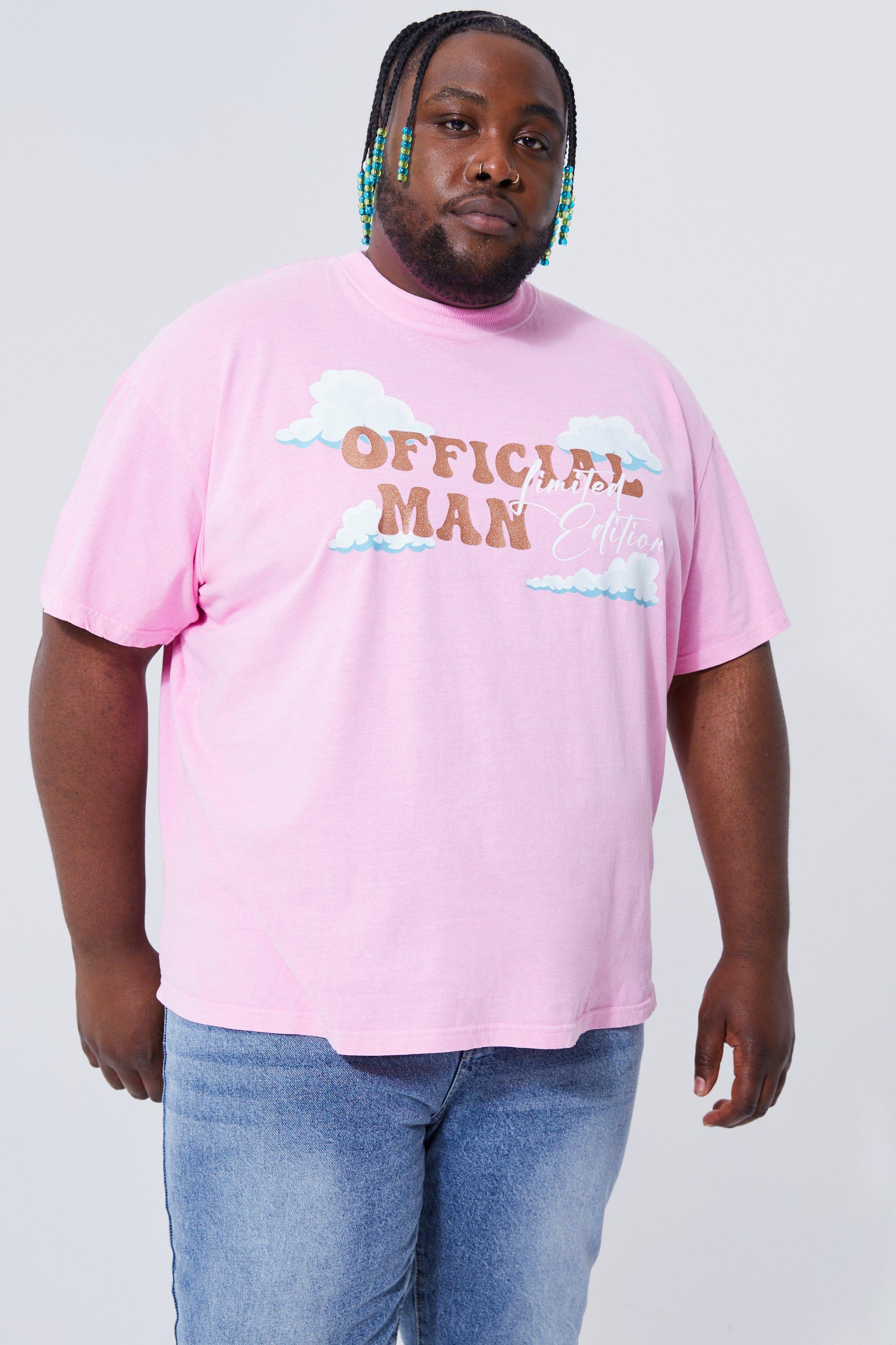 Mens Pink Plus Oversized Overdyed Extended Neck T-shirt, Pink