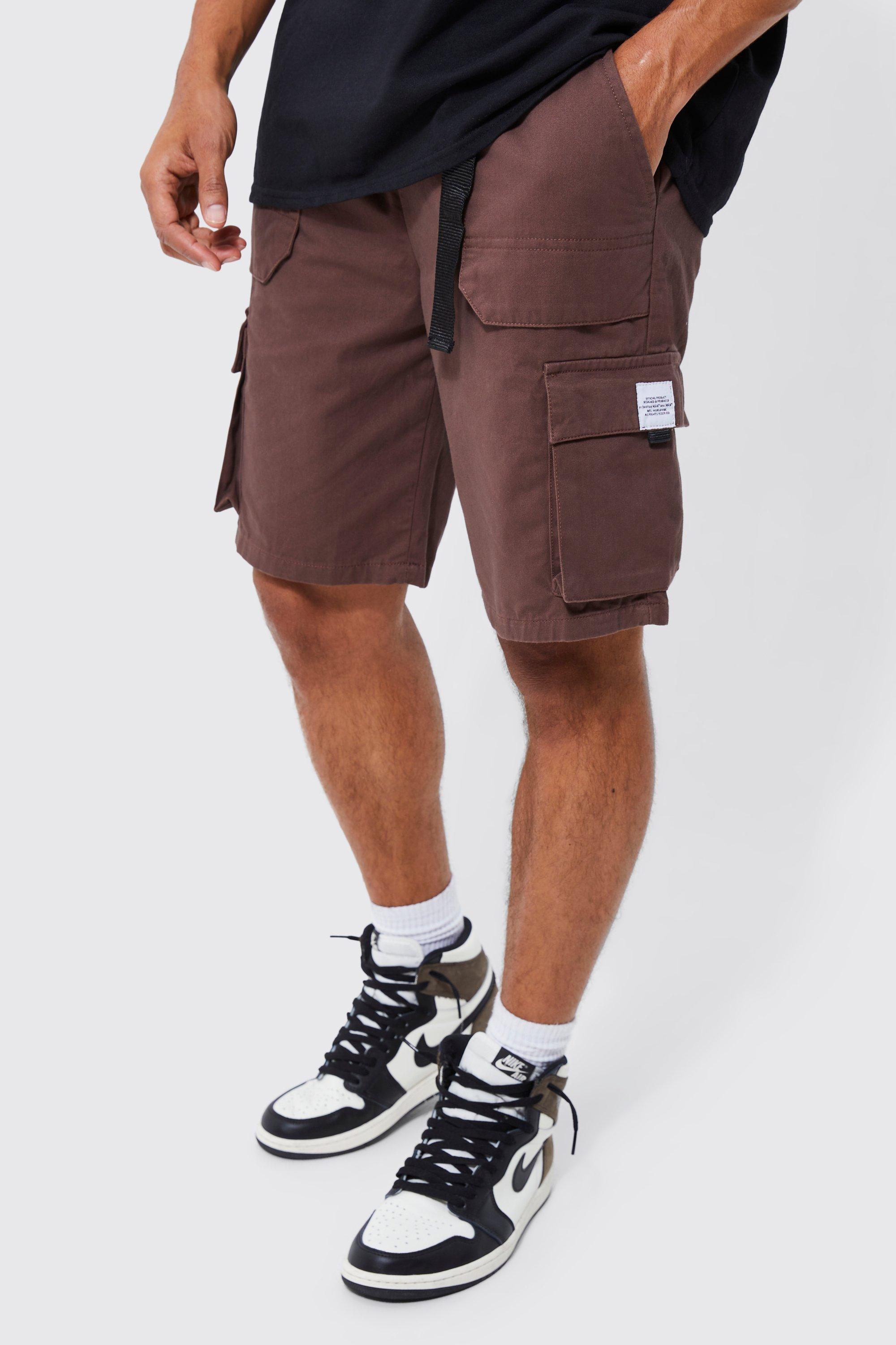 Mens Brown Elastic Relaxed Cargo Short With Tab, Brown