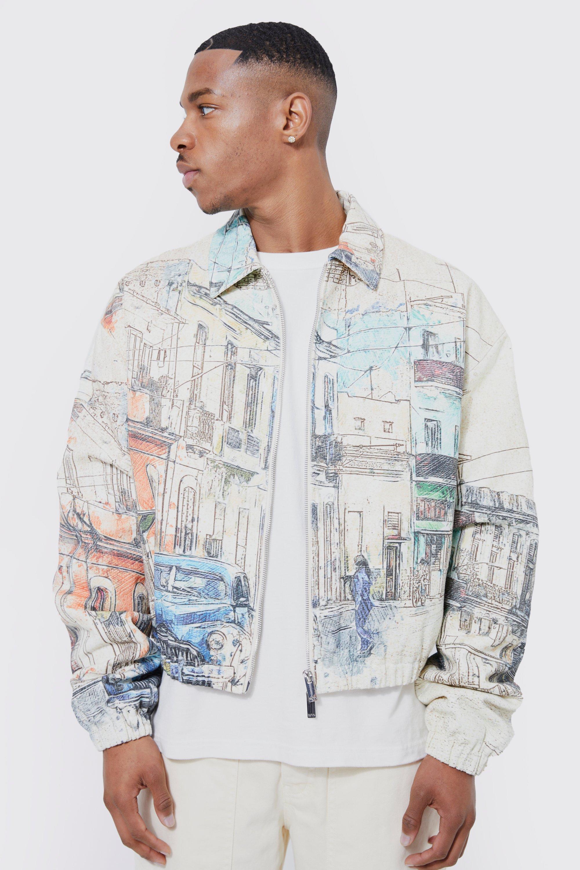 Mens Beige Boxy Scenic Twill Harrington Jacket, Beige