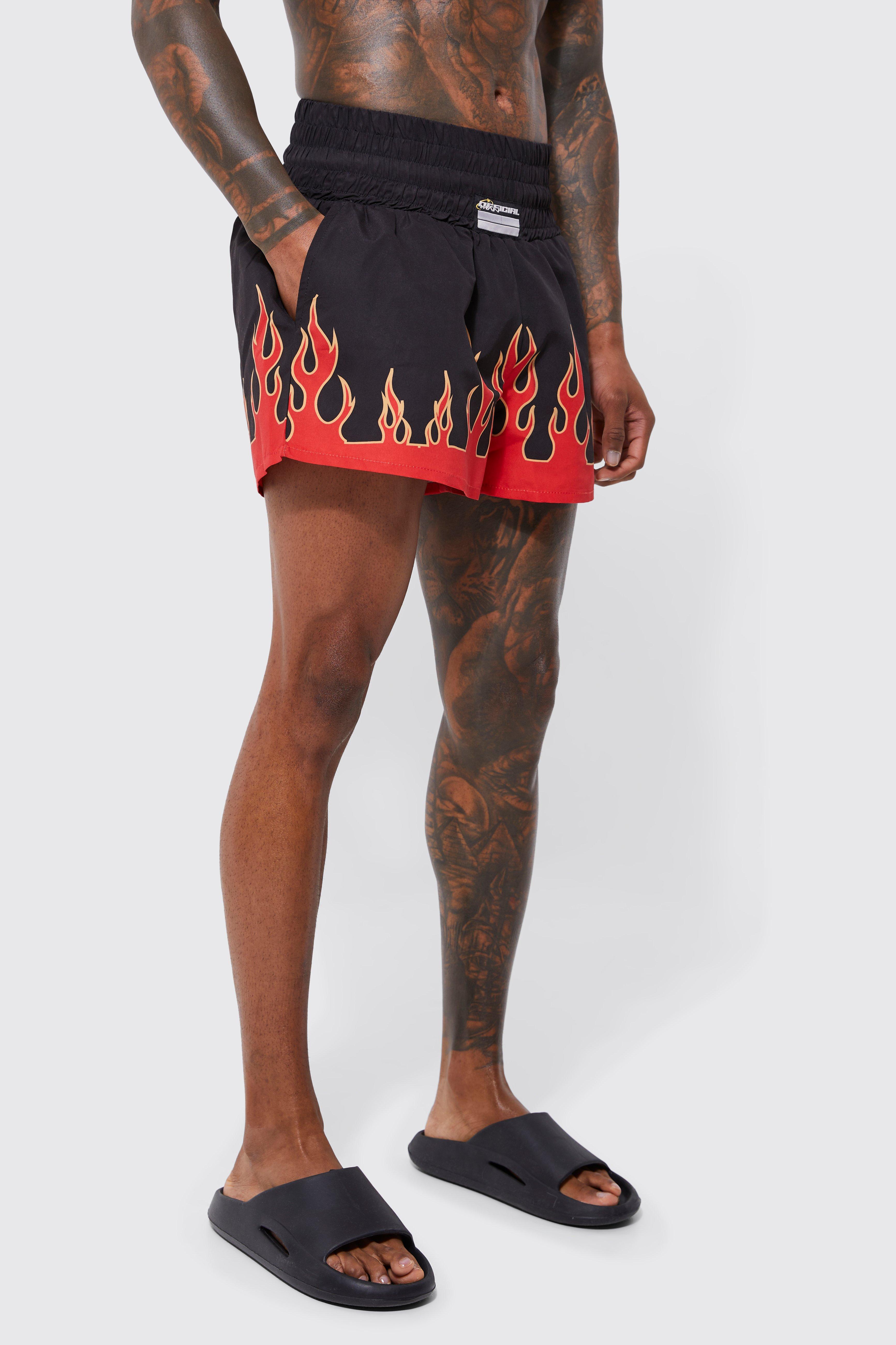 Mens Black Fighter Style Flame Printed Swim Shorts, Black