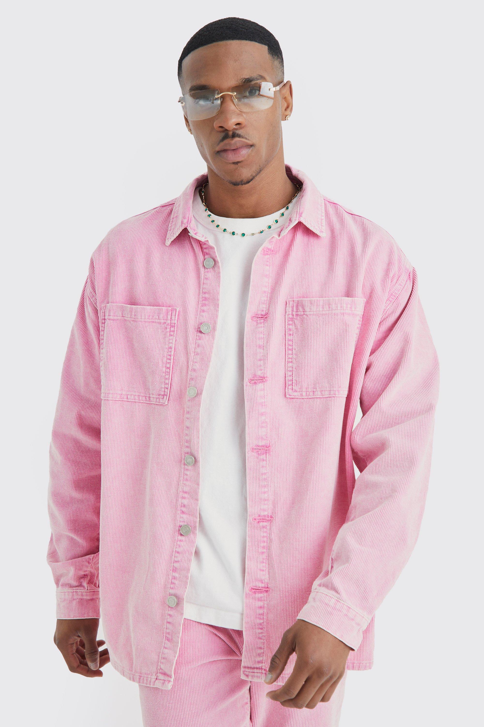 Mens Pink Oversized Long Sleeve Acid Wash Cord Shirt, Pink