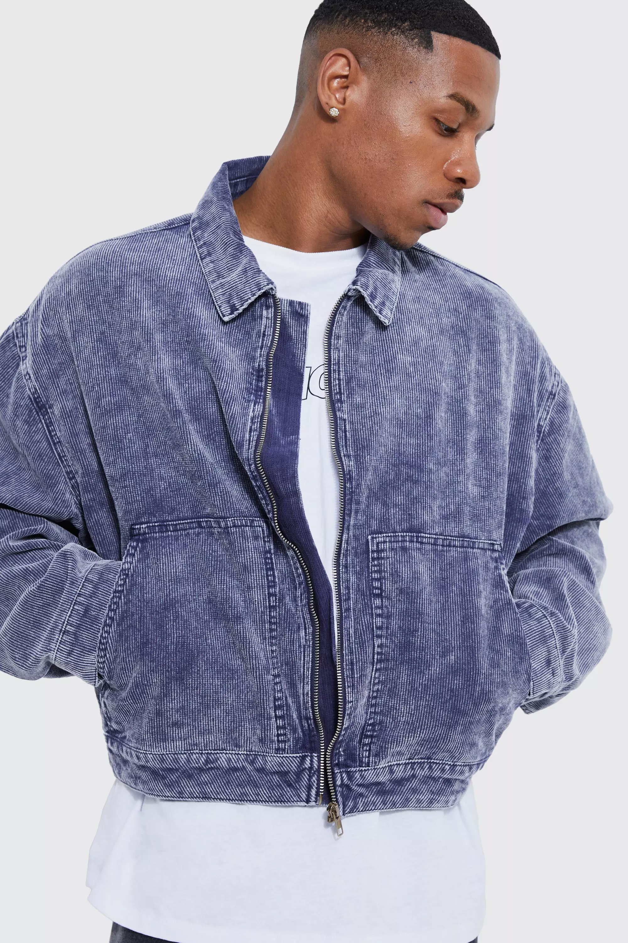 boohoo Mens Boxy Fit Acid Wash Cord Jacket - Purple M