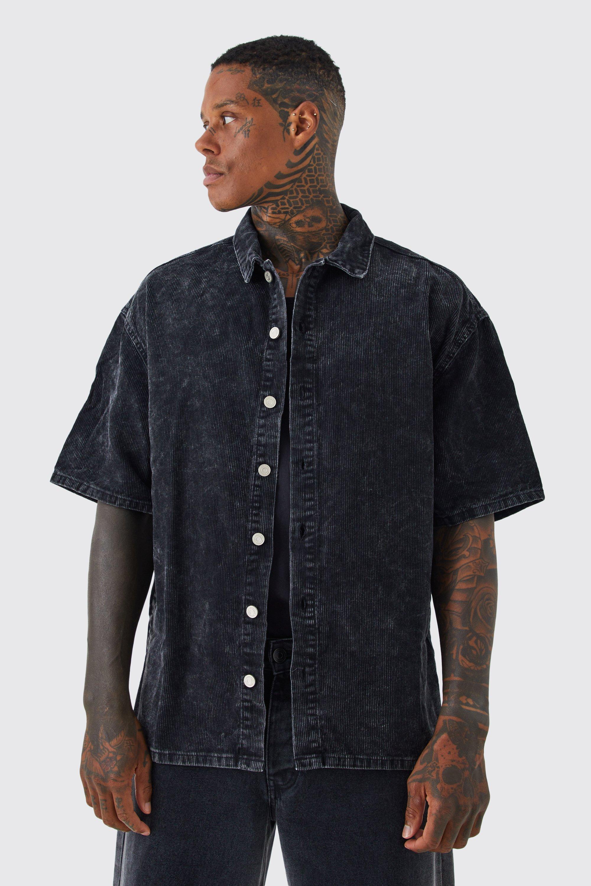 Mens Grey Oversized Boxy Acid Wash Shirt, Grey