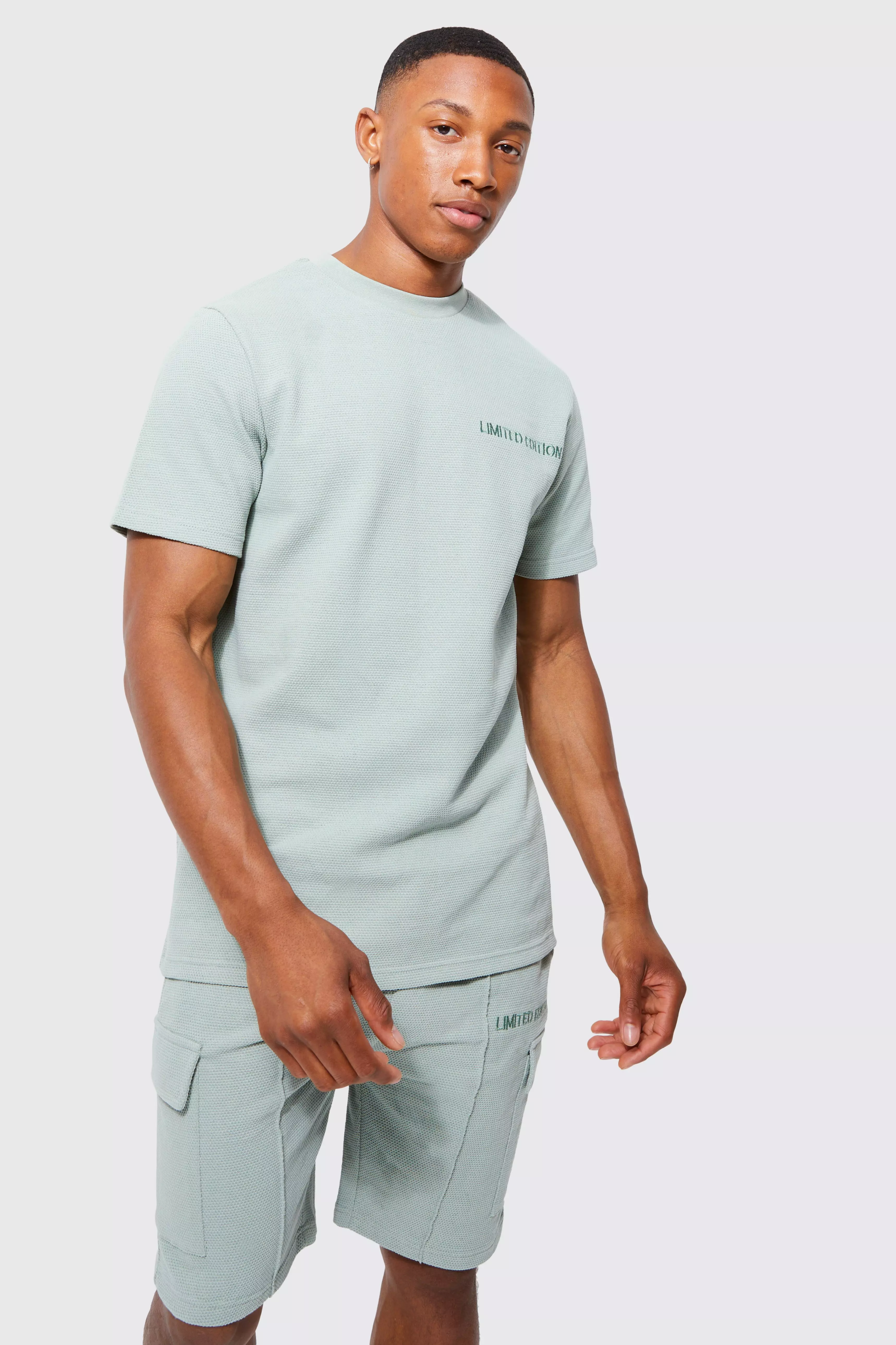 Slim Fit Pique T-shirt & Cargo Short Set | boohooMAN USA