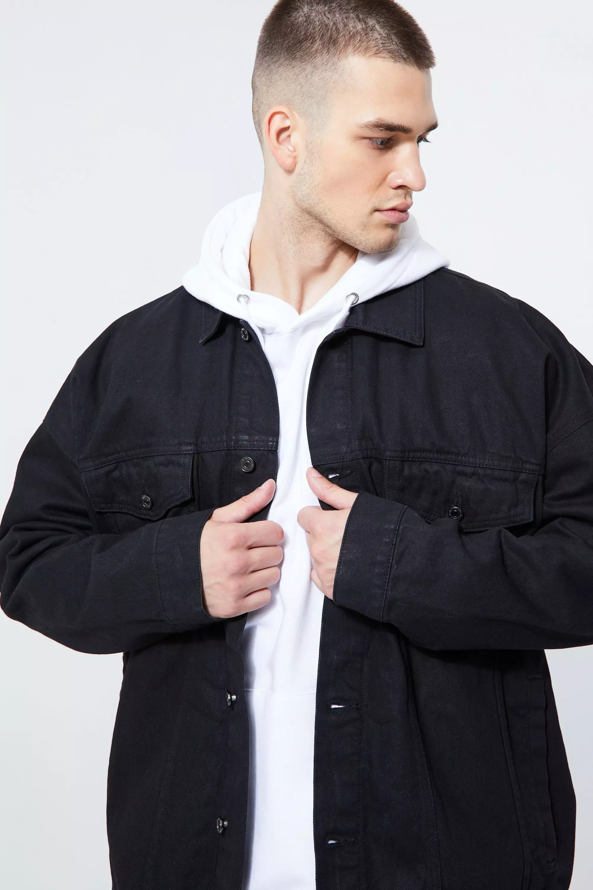 boohooMAN Tall Oversized Coated Denim Jacket - Black - Size M