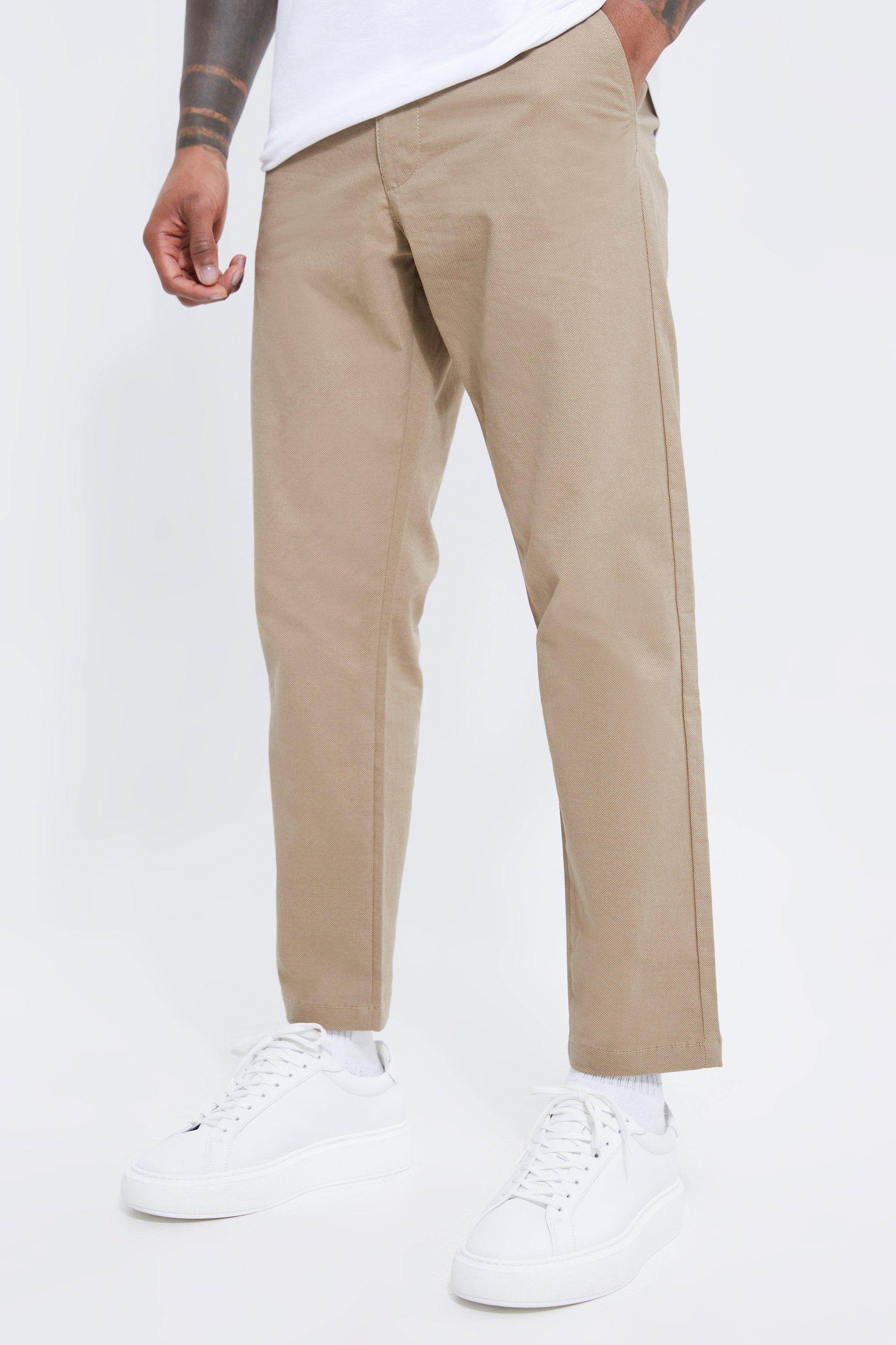 Mens Beige Fixed Waist Slim Fit Cropped Chino Trousers, Beige