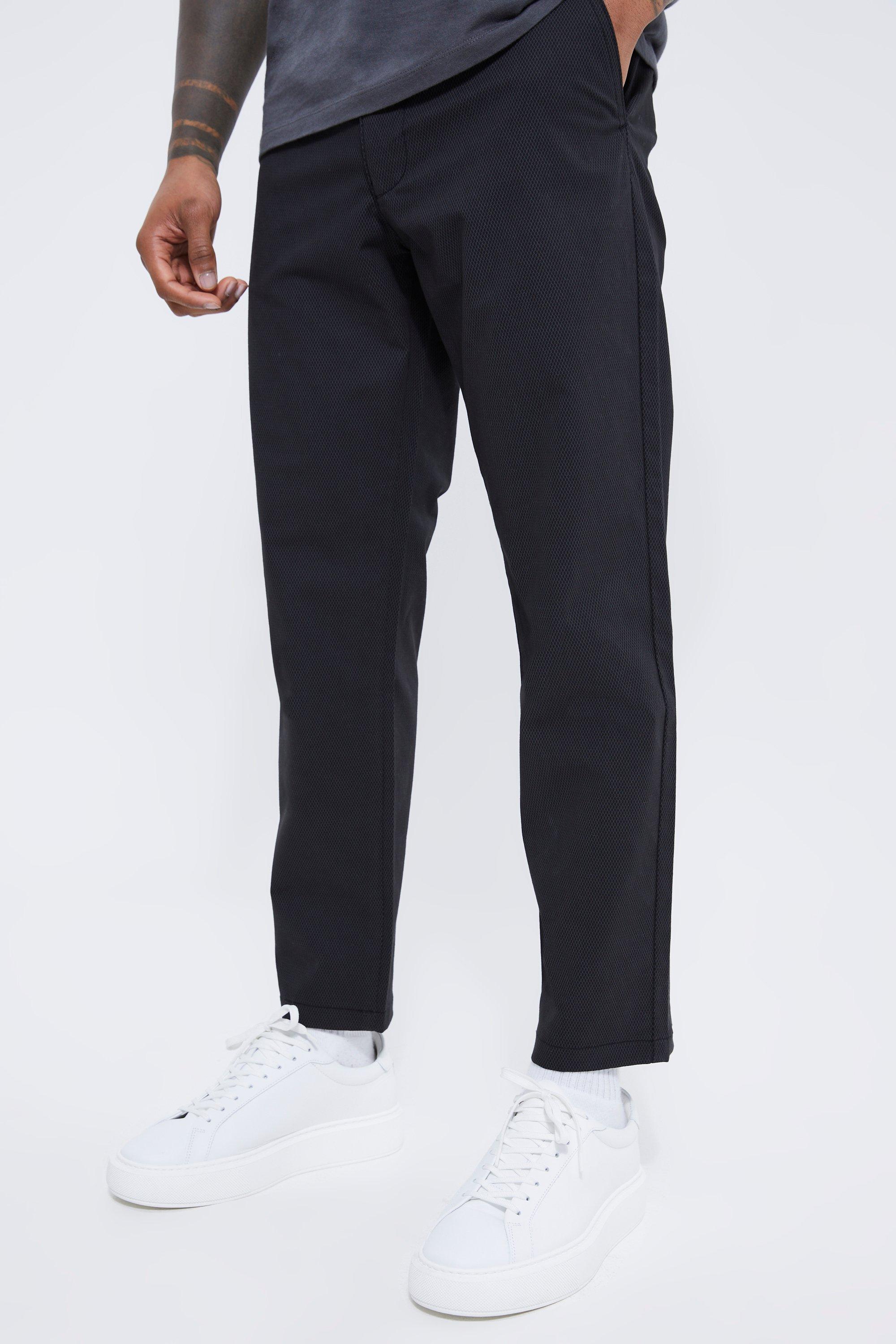 Mens Black Fixed Waist Slim Fit Cropped Chino Trousers, Black