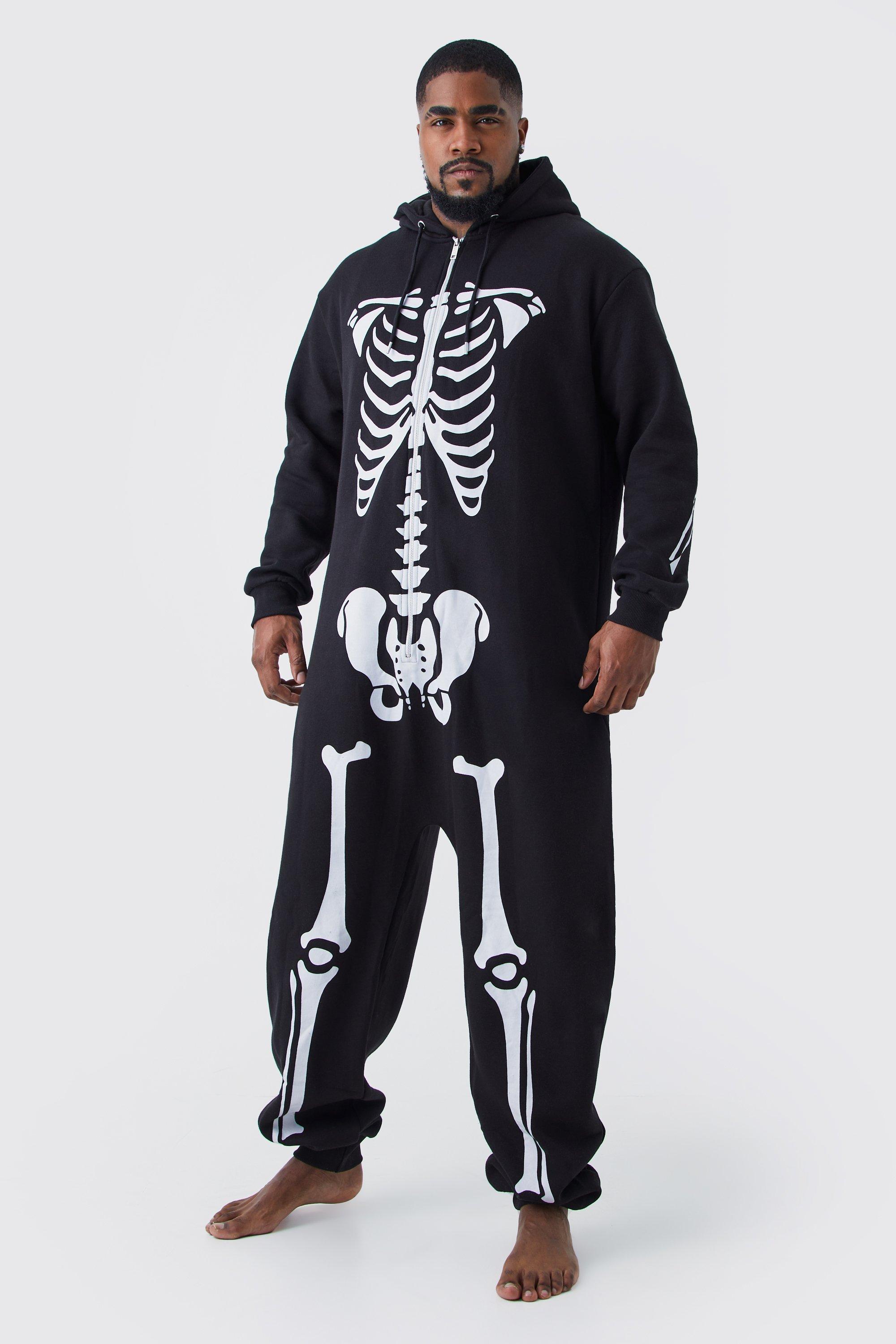 Mens Black Plus Size Halloween Skeleton Onesie, Black