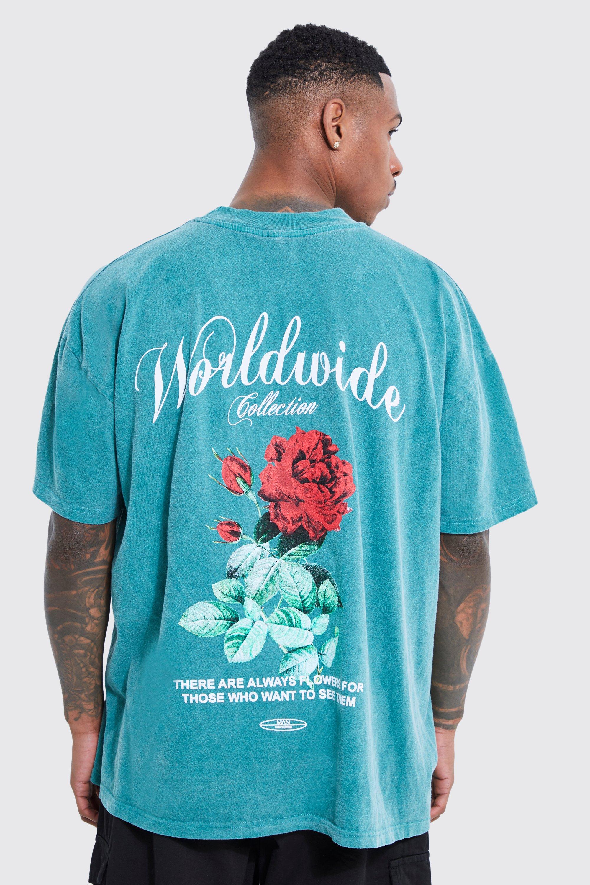 Mens Green Oversized Washed Worldwide Floral Graphic T-shirt, Green