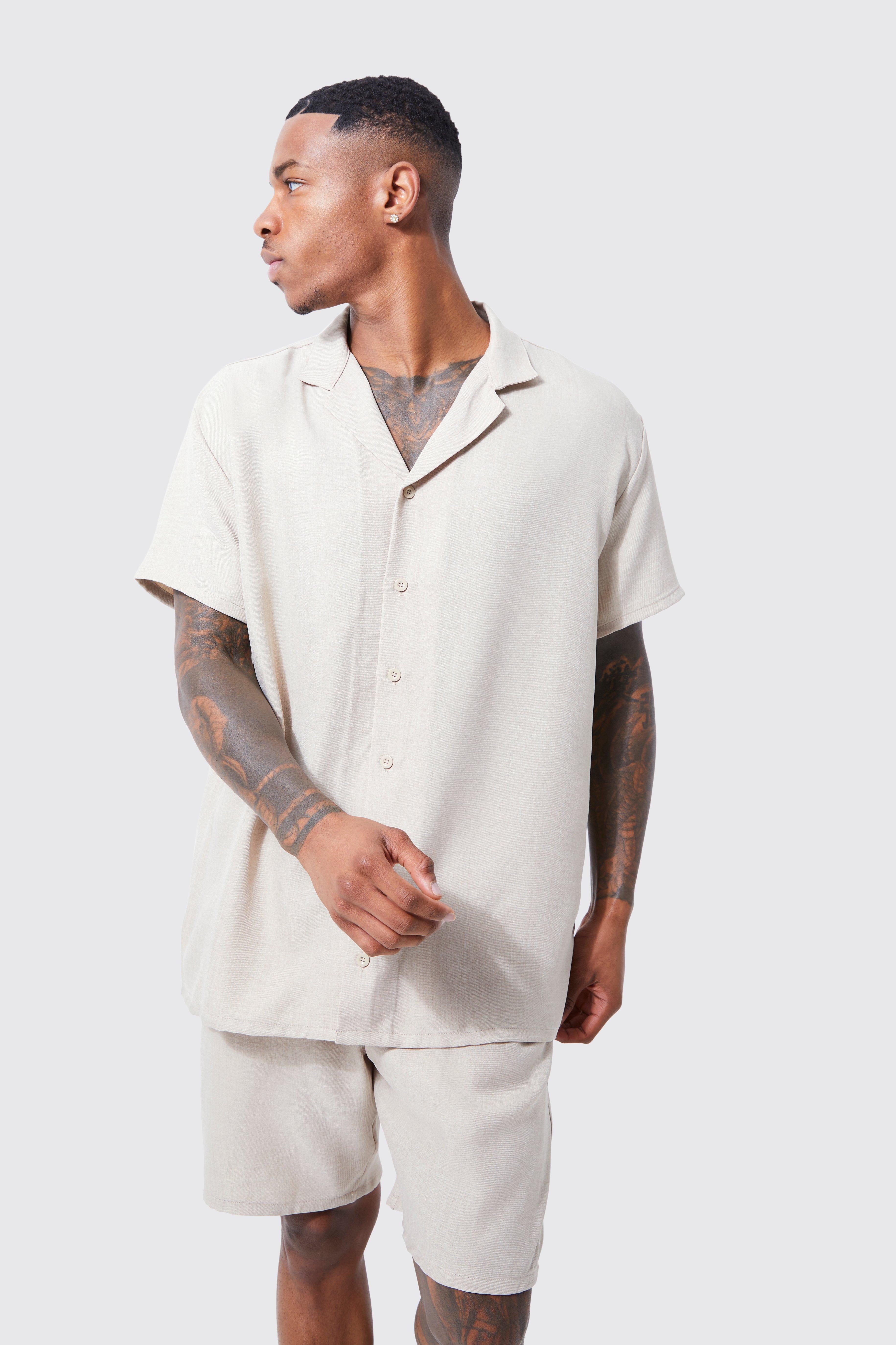 Mens Beige Oversized Linen Shirt And Short Set, Beige