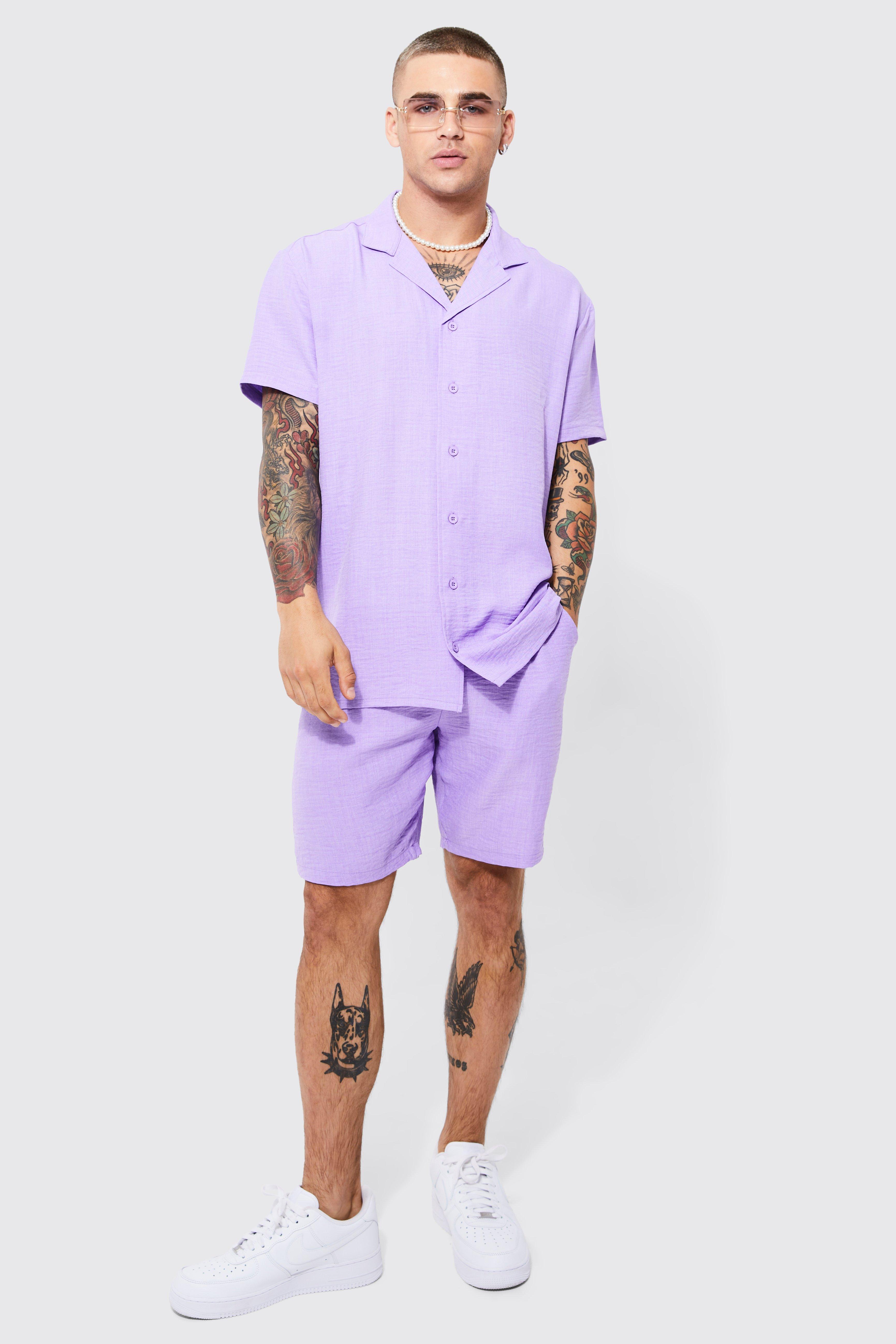 Mens Purple Oversized Linen Shirt And Short Set, Purple