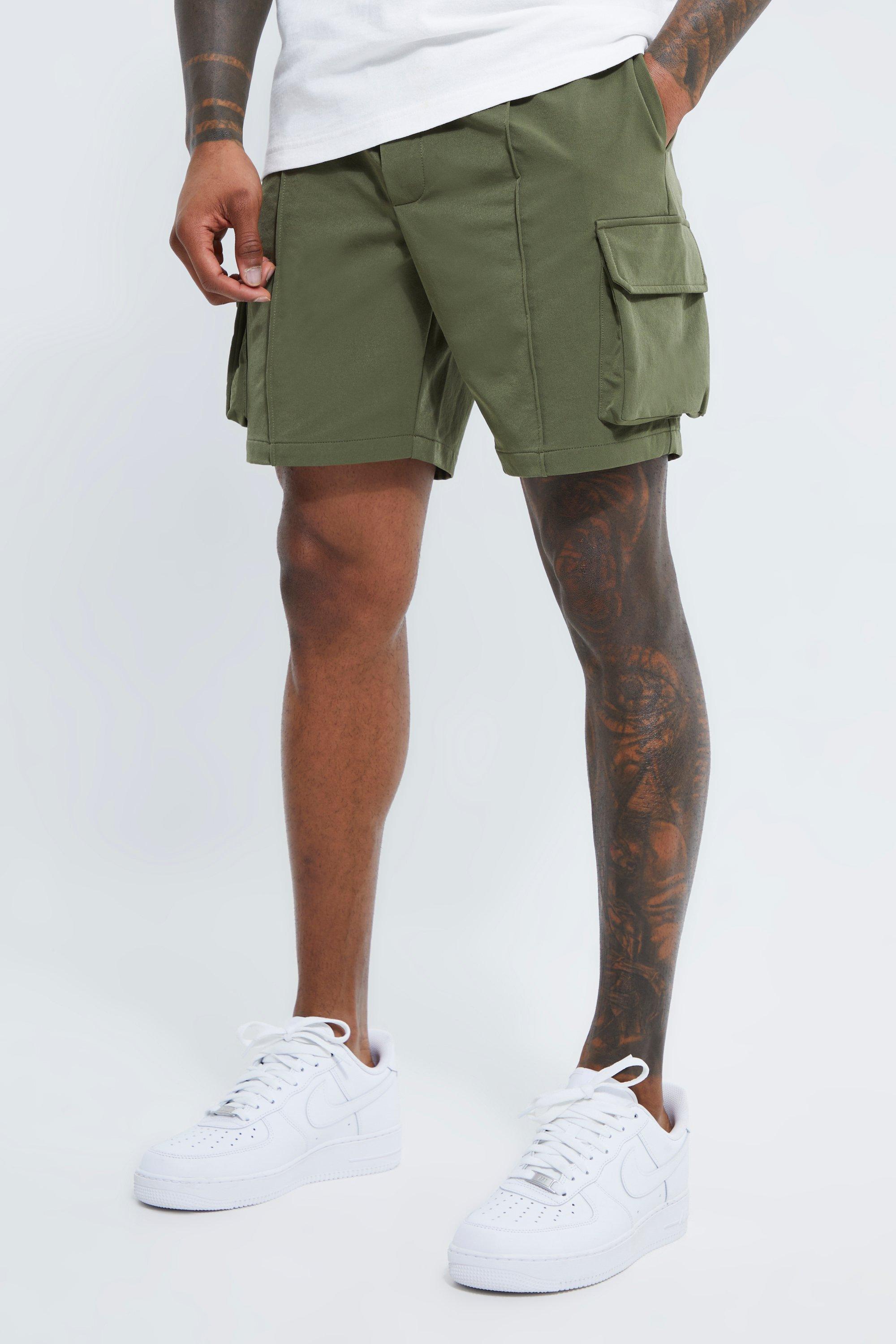 Image of Pantaloncini Cargo Slim Fit elasticizzati con nervature, Verde