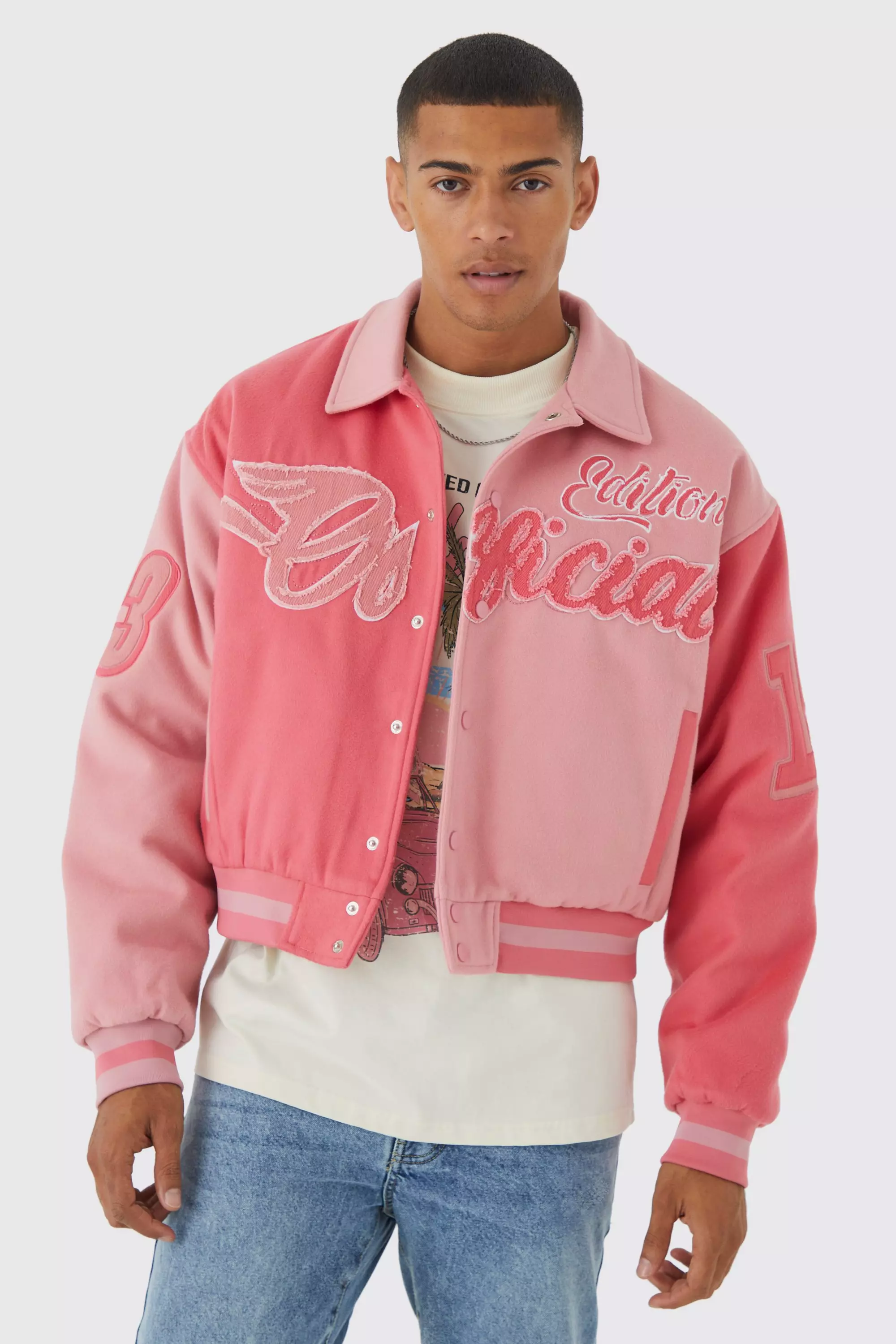 Pink varsity best sale jacket mens