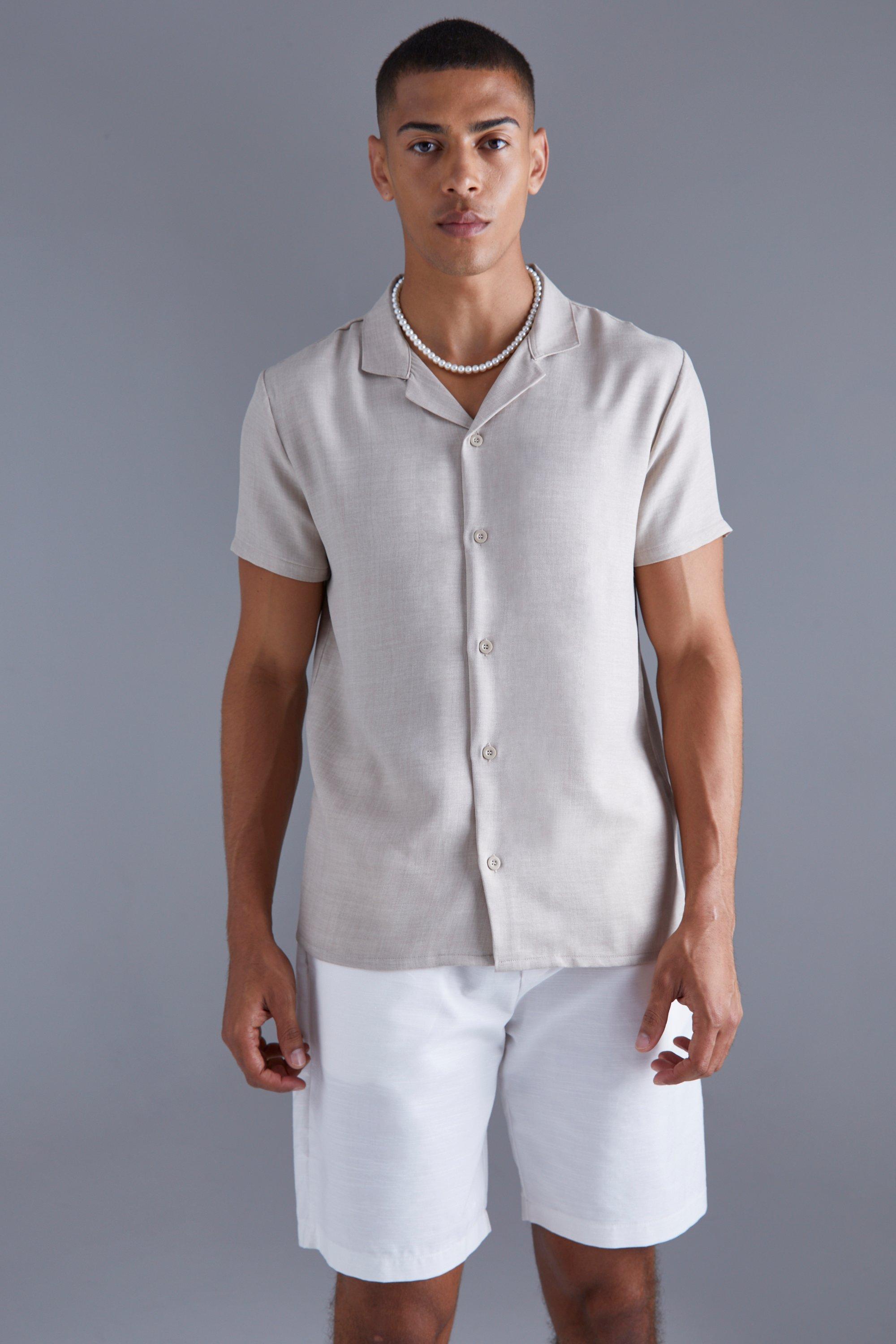 Camicia a maniche corte in lino con rever, Beige