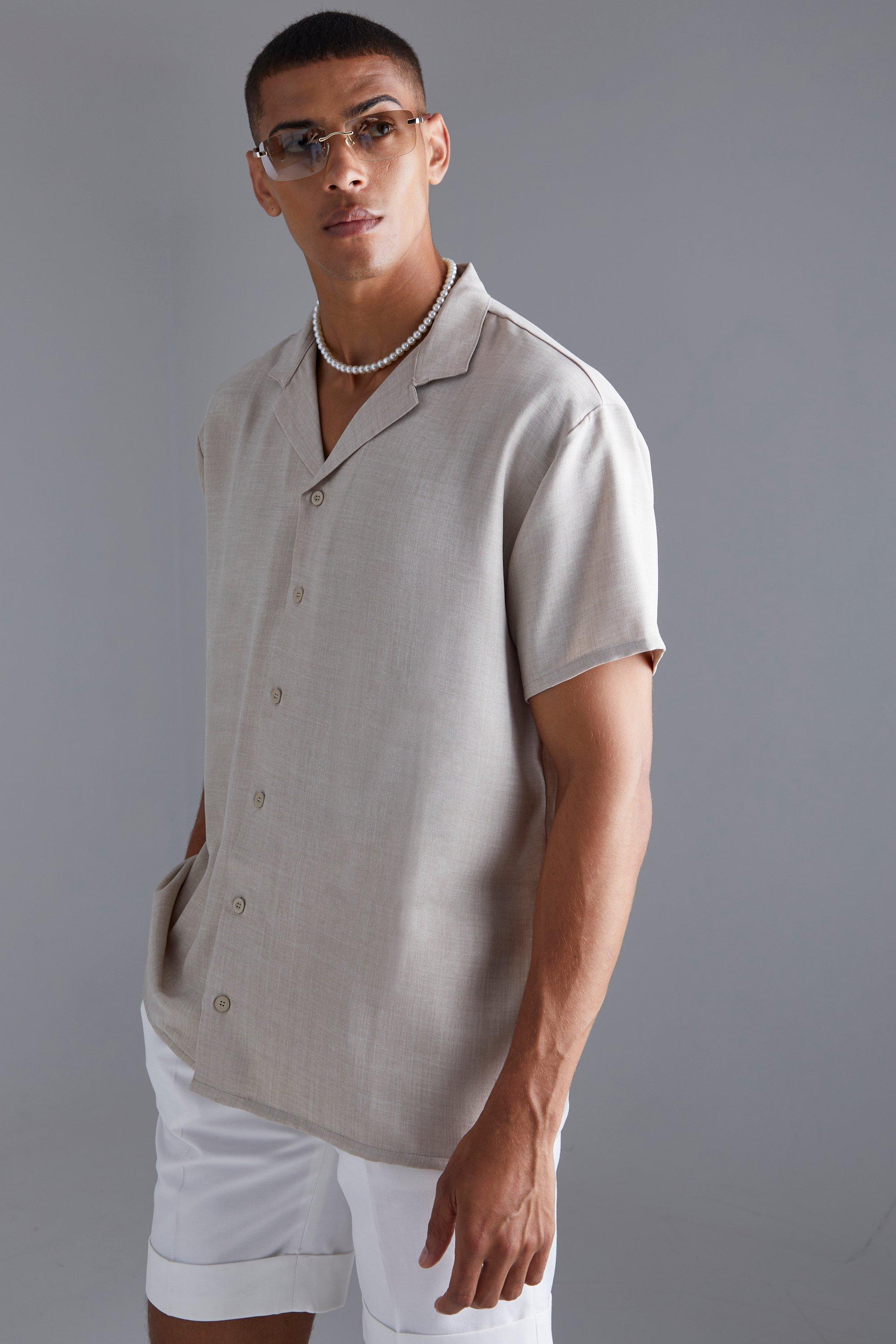 Mens Beige Short Sleeve Oversized Linen Revere Shirt, Beige