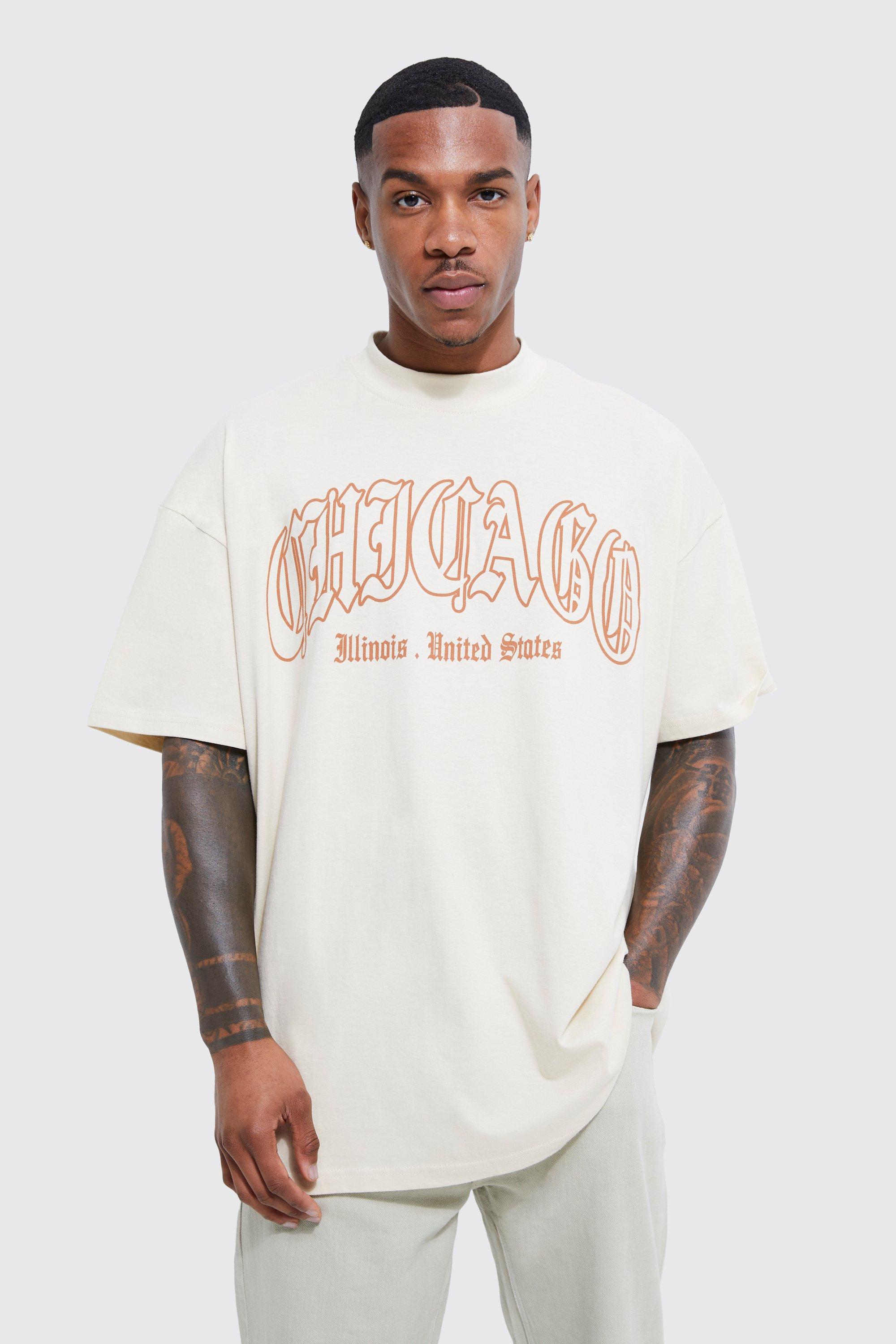 Mens Beige Oversized Chicago Print T-shirt, Beige
