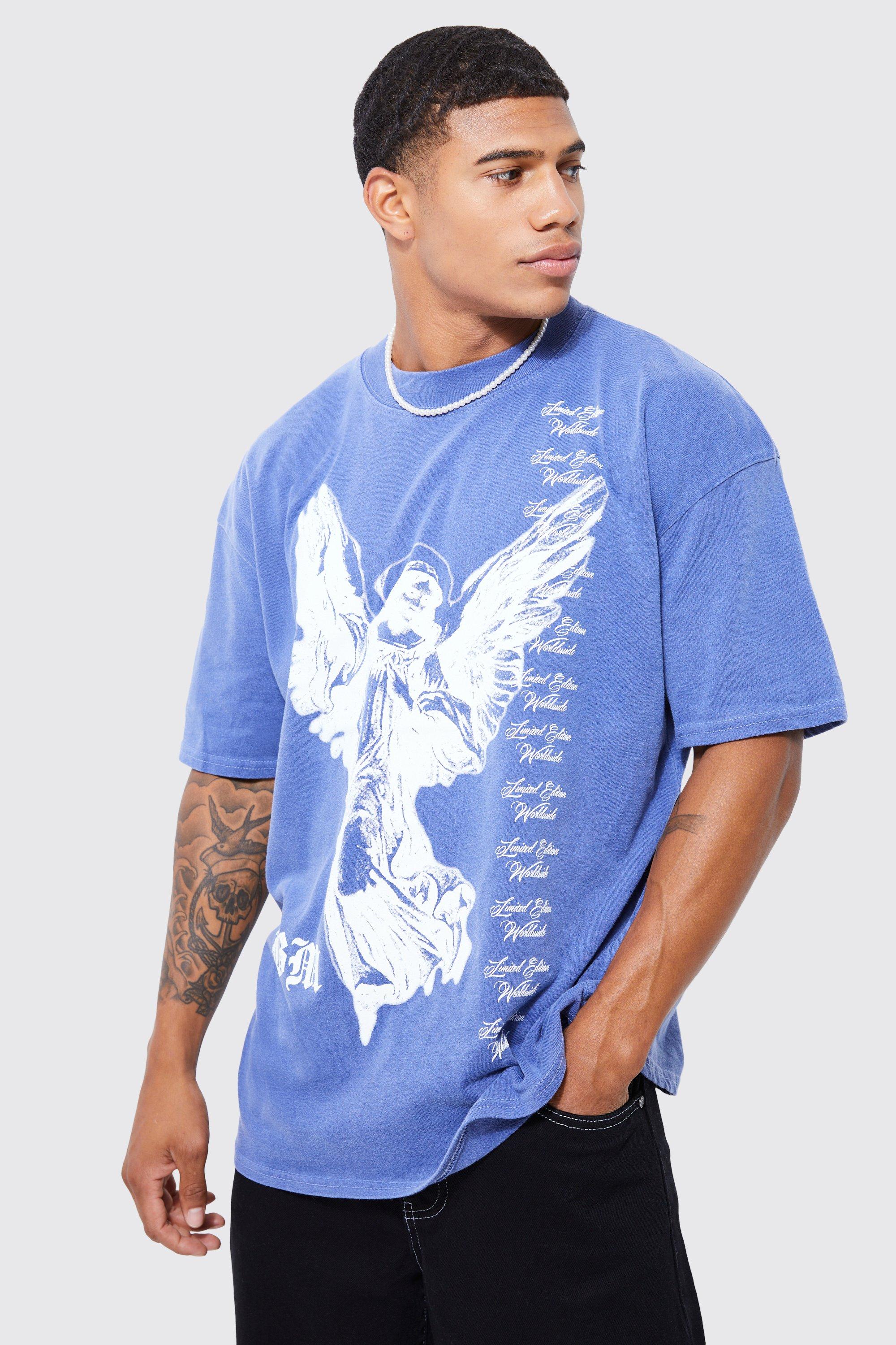 Mens Navy Oversized Overdye Renaissance Graphic T-shirt, Navy
